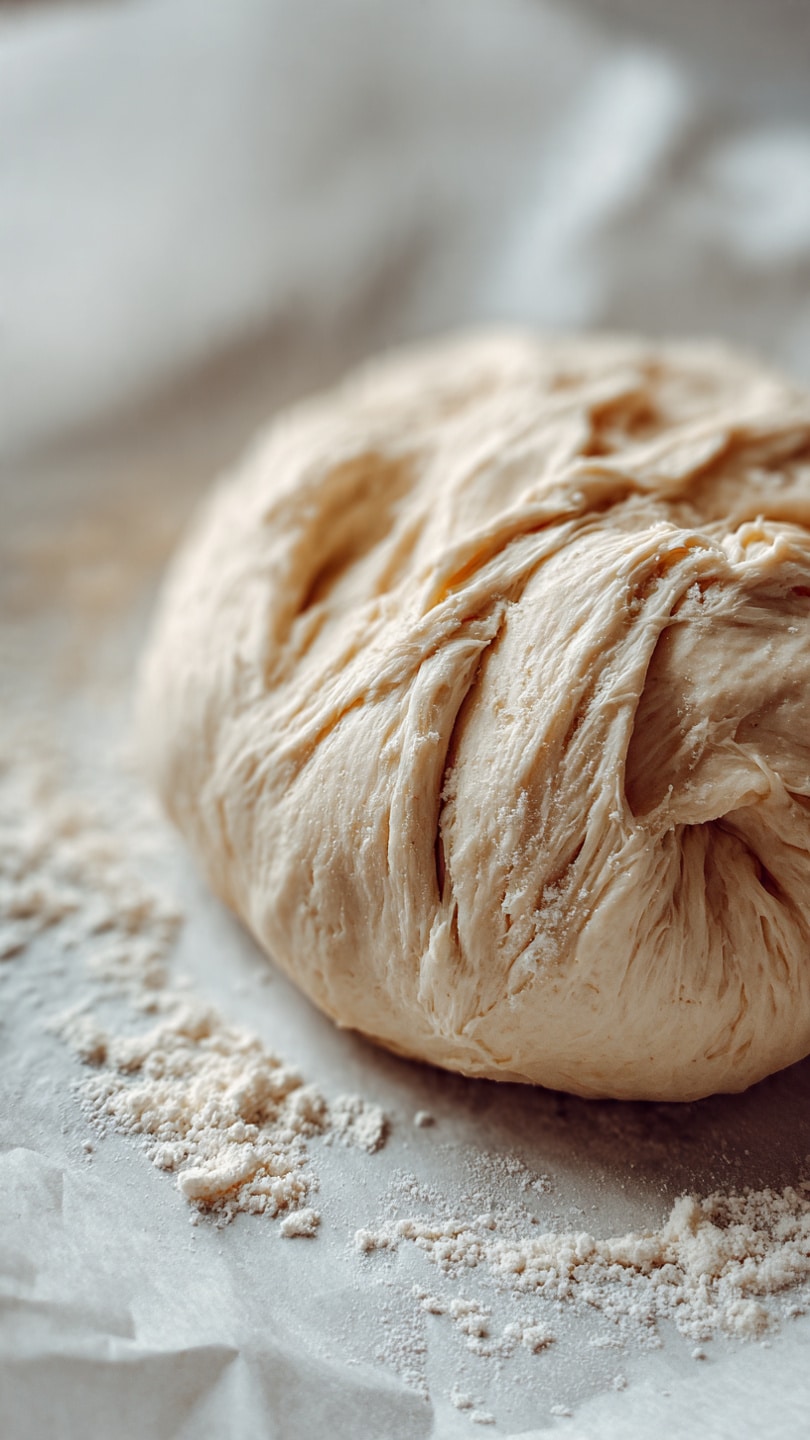 The image shows a soft, light beige dough placed on a piece of white parchment paper, resting on a white marbled surface. The dough has a slightly stretched texture with visible folds and lines, making it look fluffy and elastic. Small bits of flour are scattered around the dough on the parchment paper, adding to the fresh baking atmosphere. The background is blurred, keeping the focus on the dough's detailed texture and shape. photo taken with an iphone --ar 4:5 --v 7