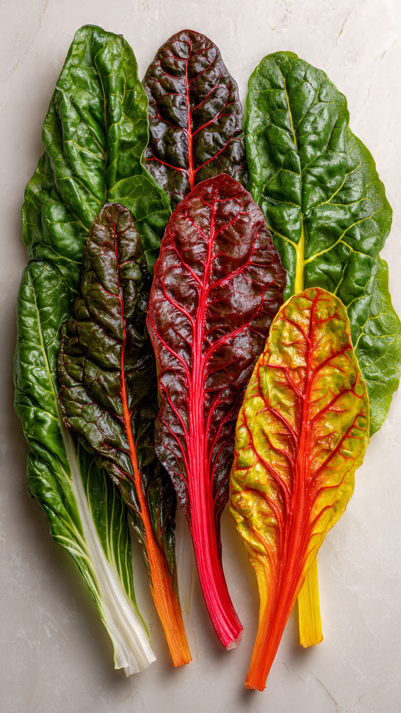 The image shows seven fresh Swiss chard leaves laid out side by side on a white marbled surface. The leaves are large and glossy with prominent veins in bright colors: deep red, orange, yellow, and white. The leaves themselves range from dark green to reddish purple, with crisp textures and slightly curled edges. Each leaf has a colorful thick stalk running through the center, adding strong contrast. The leaves overlap slightly, creating a natural, layered arrangement. Photo taken with an iphone --ar 4:5 --v 7
