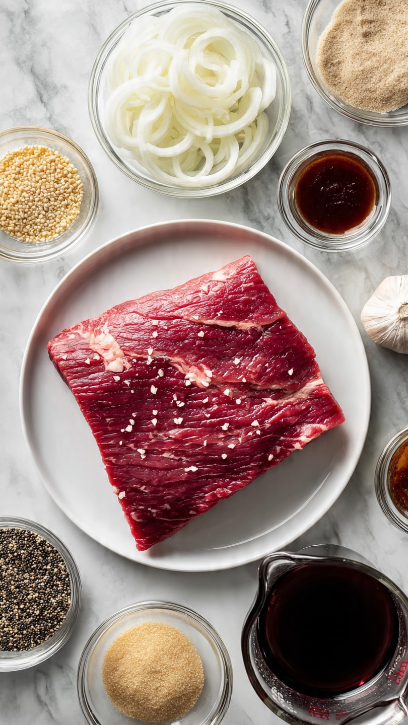 A flat, raw red meat piece lies in the center on a white plate, showing light marbling and texture from tenderizing. Around it, arranged in a circle on a white marbled texture surface, are clear small glass bowls filled with thinly sliced white onions, coarse black and white pepper mix, minced garlic, a light beige powder, a dark brown paste, a deep red sauce, a clear liquid, and small piles of light brown granules and white powder. A clear glass measuring cup filled with dark brown liquid is on the right side. Everything is neatly spaced with a clean and organized look, photo taken with an iphone --ar 4:5 --v 7