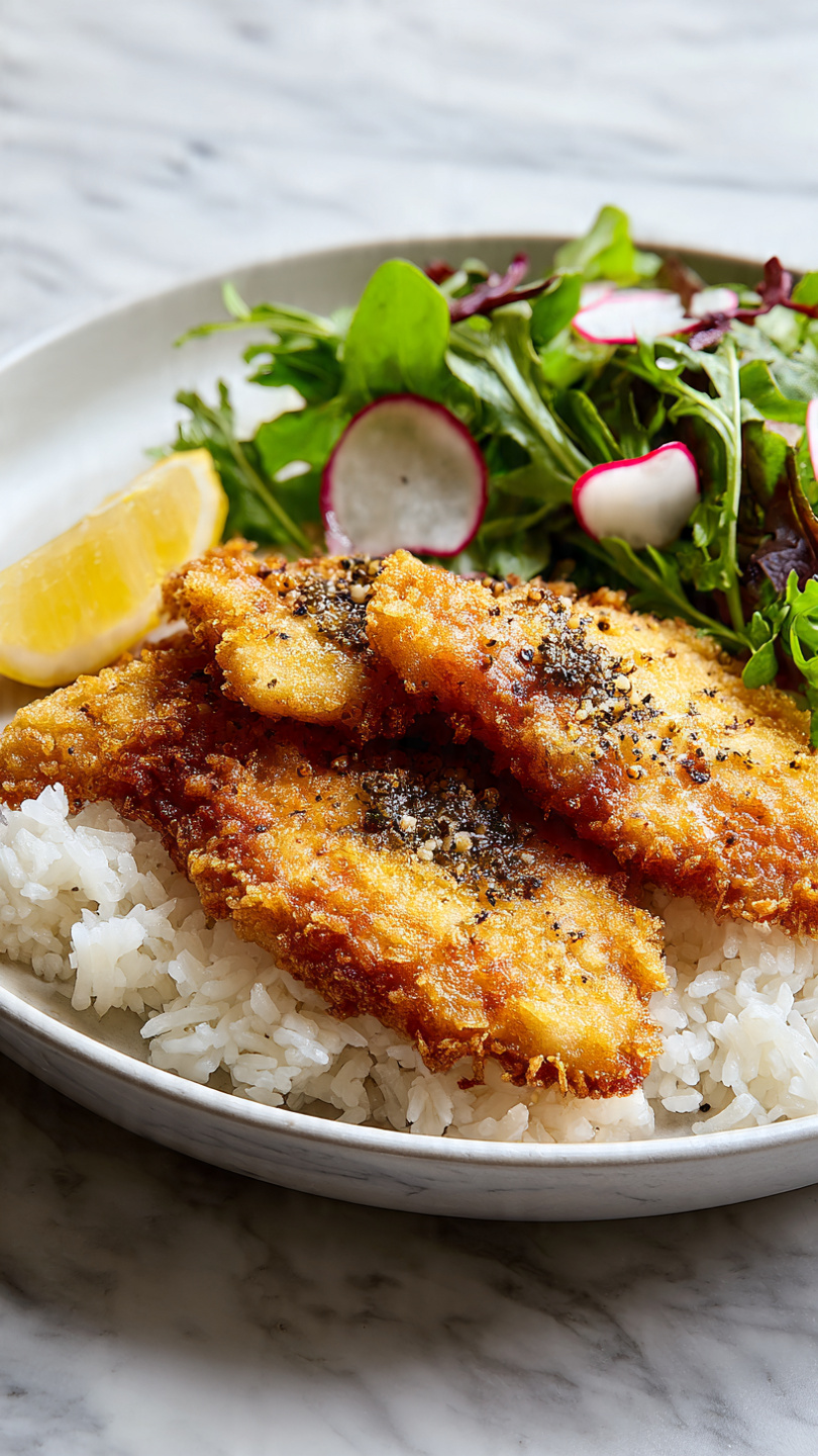 The image shows a white plate with three main layers. The bottom layer is white rice with a soft, fluffy texture. On top of the rice are two golden-brown pieces of fried fish, showing a crispy and slightly rough surface, sprinkled lightly with black pepper. On one side of the plate, there is a small pile of fresh green leafy salad mixed with thinly sliced radishes. A bright yellow lemon wedge sits at the edge of the plate, adding a pop of color. The plate is set on a white marbled surface. photo taken with an iphone --ar 4:5 --v 7