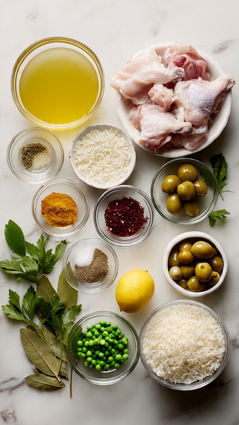 A white marbled surface holds neatly arranged clear glass bowls and small round dishes filled with various cooking ingredients. At the top right, a white bowl contains raw chicken pieces with skin, next to small round dishes with chopped onions, green peas, green bell pepper, and green olives stuffed with red pimento. Below them, more small dishes hold spices including brown powder, yellow powder, dried herbs, salt, pepper, and tomato paste. A large clear glass bowl filled with golden-yellow broth sits on the left, while another clear bowl filled with white rice is placed to the right of it. Additional small dishes contain oil, minced garlic, and a lemon with two bay leaves. Fresh green leafy herbs are placed loosely on the left edge of the image. The entire scene is bright and evenly lit, emphasizing the fresh and colorful ingredients, photo taken with an iphone --ar 4:5 --v 7