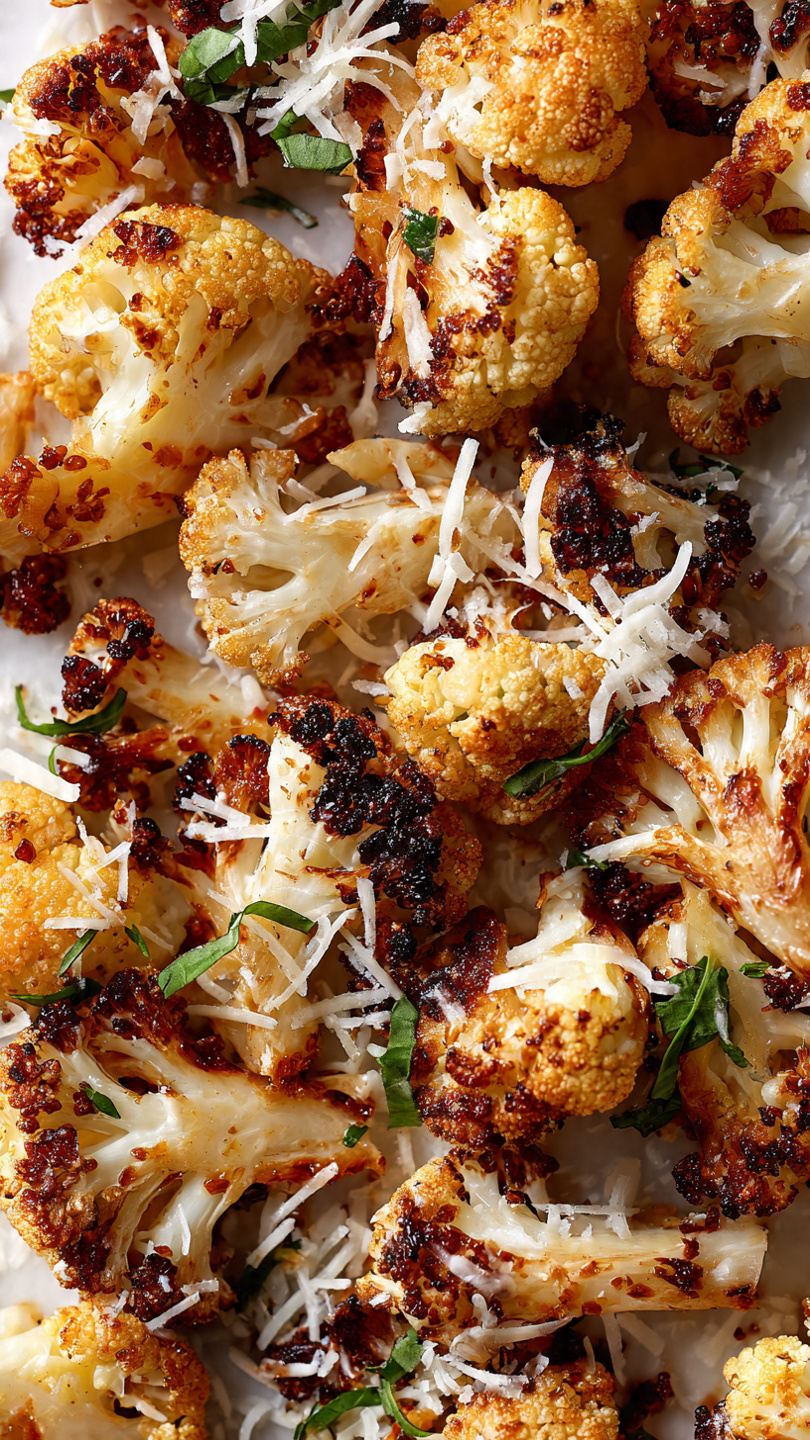 The image shows one main layer of roasted cauliflower florets with a golden brown and slightly charred texture, scattered on a white marbled surface. The cauliflower pieces are varied in size with some having dark caramelized spots. Lightly sprinkled over the florets is a layer of fine, white shredded cheese, adding a soft texture contrast. Small sprigs of fresh green herbs are mixed in, providing a pop of color against the roasted cauliflower and cheese. The overall look is warm and rustic, with the white marbled surface underneath giving a clean background. Photo taken with an iphone --ar 4:5 --v 7
