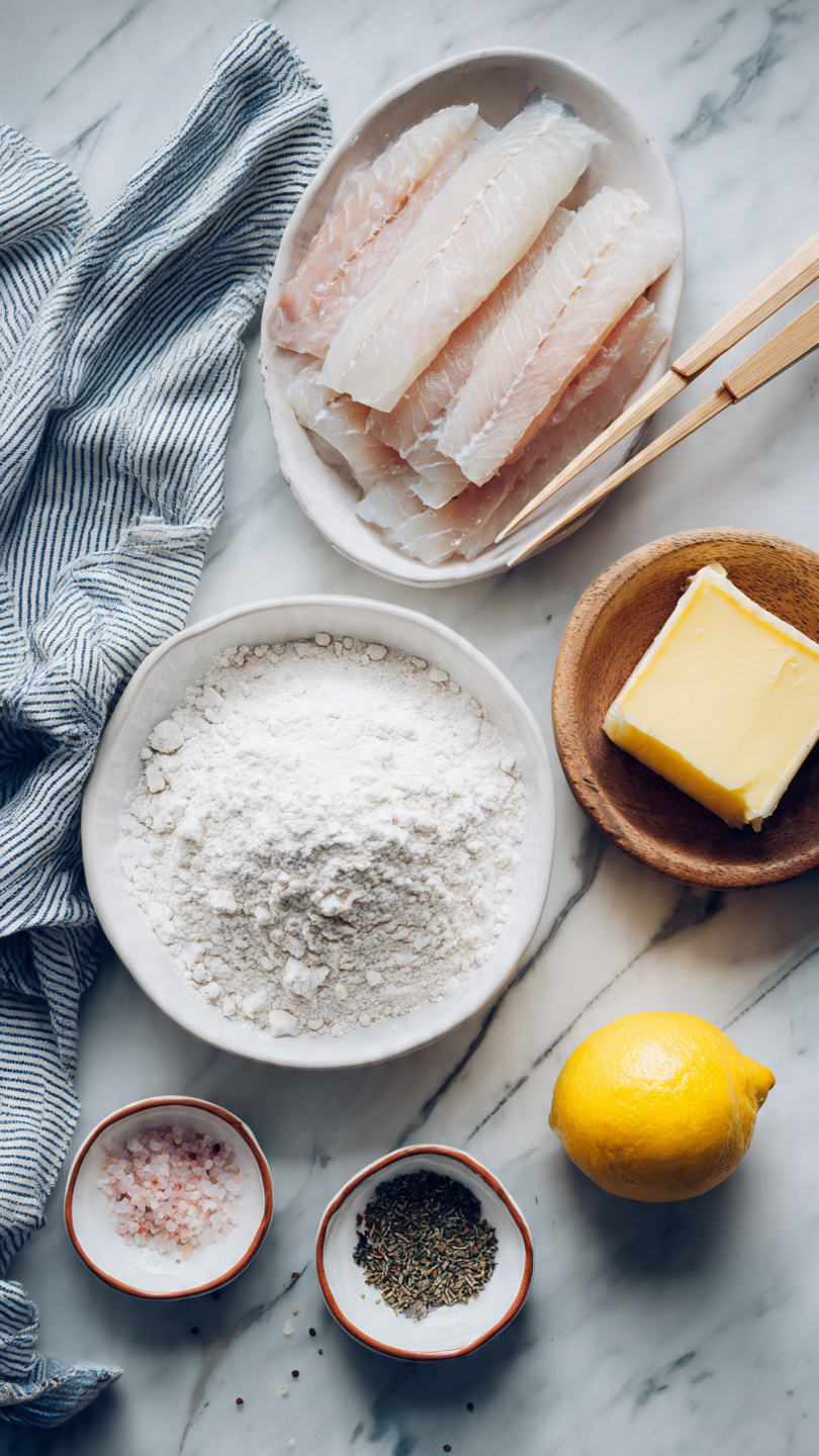 The image shows a top-down view of a white bowl filled with white flour placed on a white marbled surface. Above it and to the left, there is a white bowl with several raw fish fillets layered on top of each other, showing a mix of pale pink and translucent textures, with a pair of light wooden tongs resting on the bowl’s edge. To the right of the fish, a small wooden bowl holds a block of yellow butter. Above the butter, a whole yellow lemon sits directly on the marble. To the left, two small white bowls with brown rims contain pink salt and a mix of black pepper and herbs, accompanied by a blue-and-white striped cloth gently crumpled on the bottom-left corner. Photo taken with an iphone --ar 4:5 --v 7