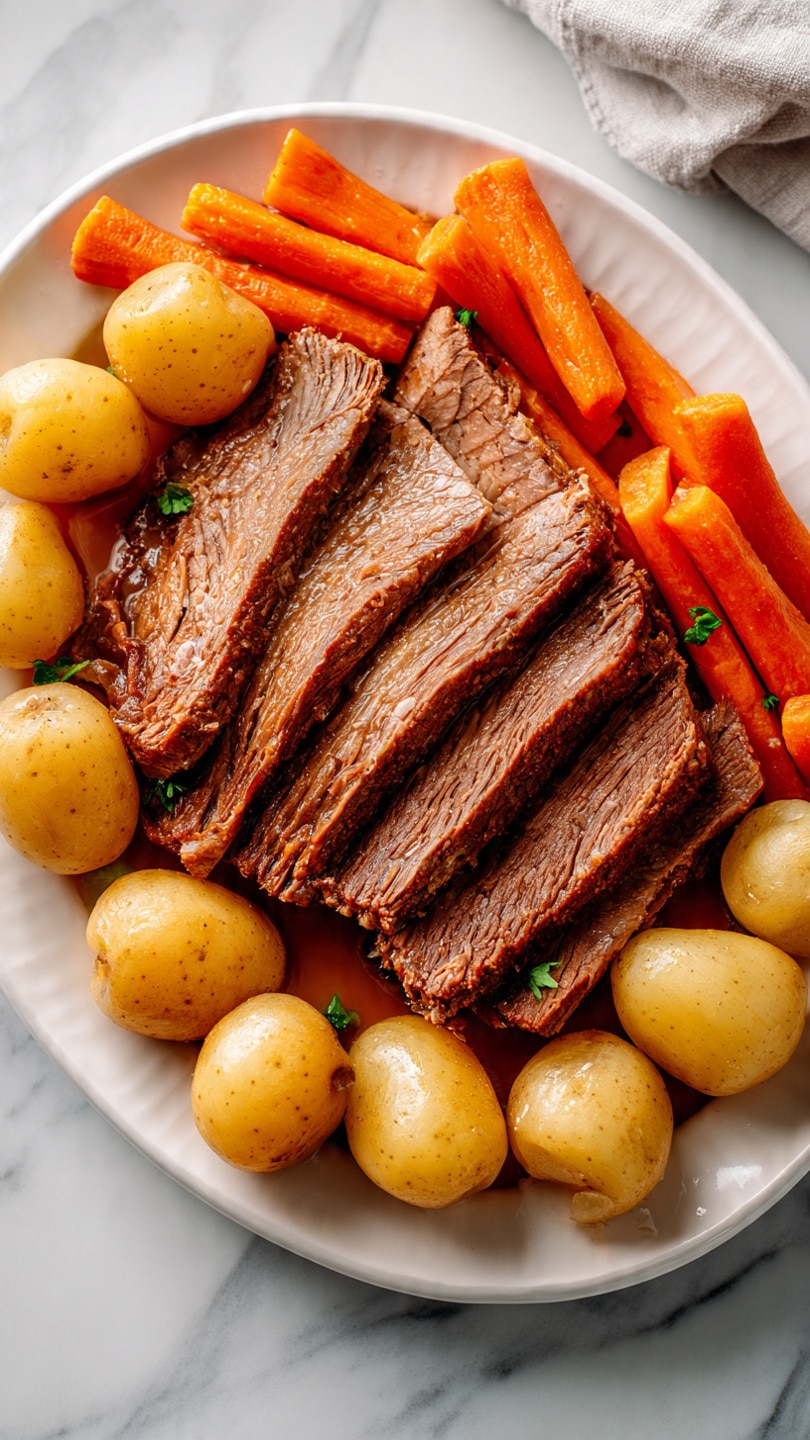 A white plate holds six large slices of brown cooked meat, layered flat and overlapping across the center of the plate. Surrounding the meat are whole small yellow potatoes with smooth skin and thick carrot pieces cut into long chunks, showing a bright orange color and slight shine. The plate sits on a white marbled surface. Photo taken with an iphone --ar 4:5 --v 7