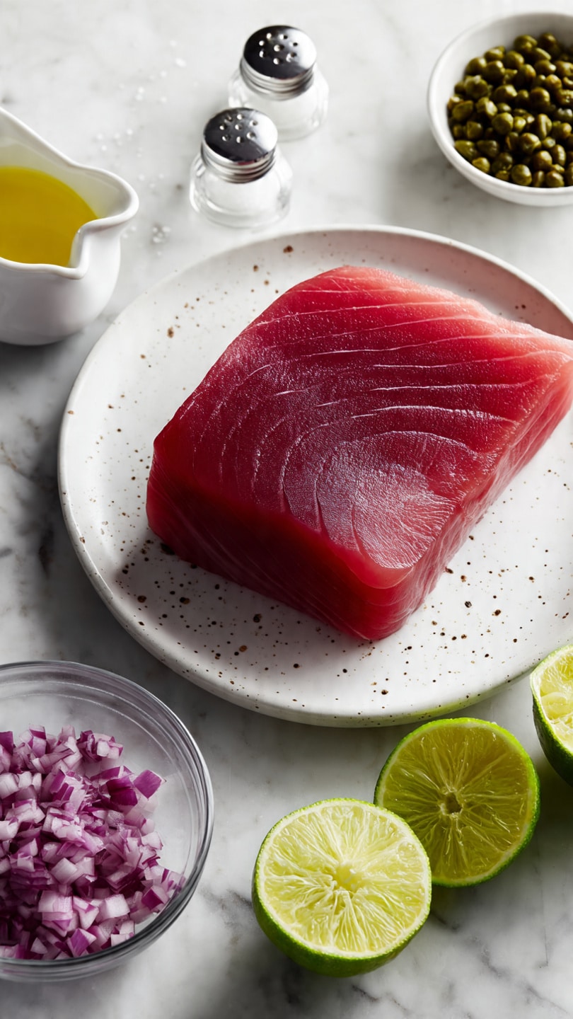 A thick, deep red raw tuna steak sits in the middle of a white plate with small black specks, placed on a white marbled surface. Around the plate, there is a small white jug filled with yellow olive oil, two halves of a bright green lime with juicy texture showing, a clear glass bowl with finely chopped purple-red onions, and a small white bowl filled with greenish capers. Two small clear salt and pepper shakers with silver tops are placed beside the bowls. The scene shows raw ingredients ready for cooking or preparing a dish, with soft natural light. photo taken with an iphone --ar 4:5 --v 7