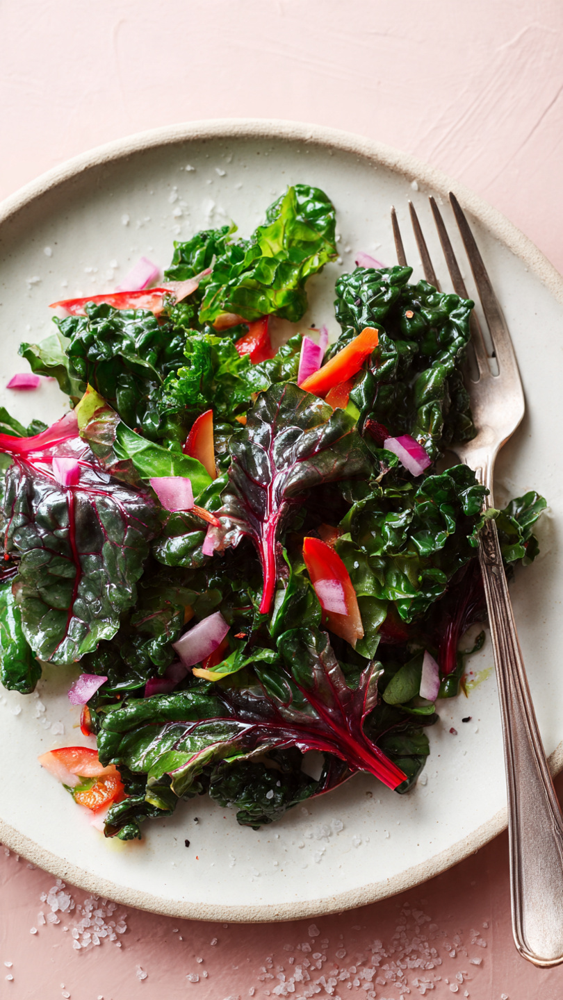 A close-up plate of cooked mixed leafy greens with bright red and orange vegetable pieces scattered throughout. The greens have some shiny, dark green and purple leaves, mixed with lighter green leaves and bright red stems. There are pinkish translucent slices and small chopped pieces adding color contrast. The food is served on a white plate with a subtle texture, placed on a pink surface. A silver fork lays on the right side inside the plate, and a few scattered grains of salt are visible near the edge. photo taken with an iphone --ar 4:5 --v 7