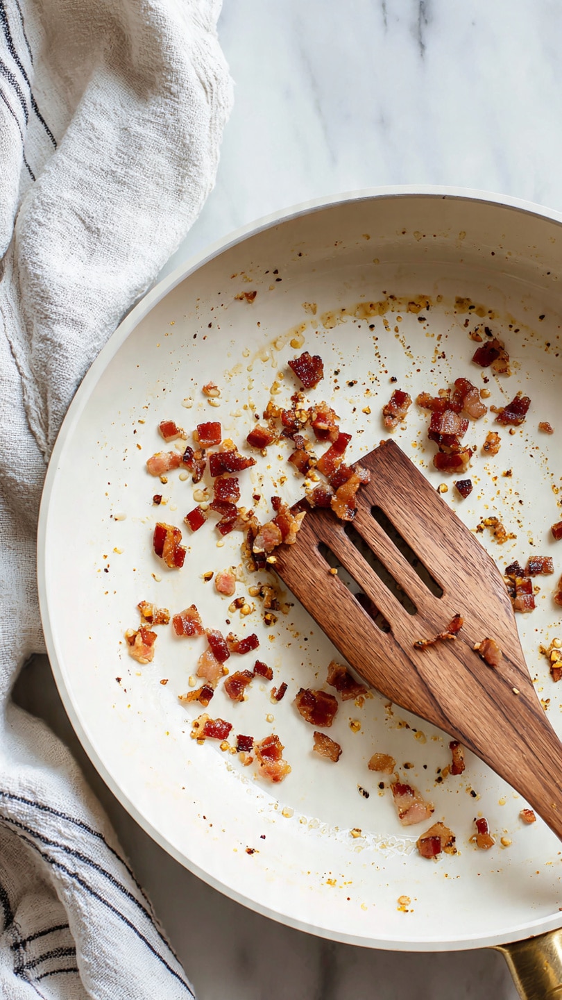 A white deep pan with a few small, crispy browned bacon pieces scattered inside, showing some browned oil and residue from cooking. A wooden slotted spatula rests diagonally across the pan, with some bacon pieces on it. The pan is on a white marbled surface with a striped cloth visible on the left edge and a white towel on the upper right. photo taken with an iphone --ar 4:5 --v 7