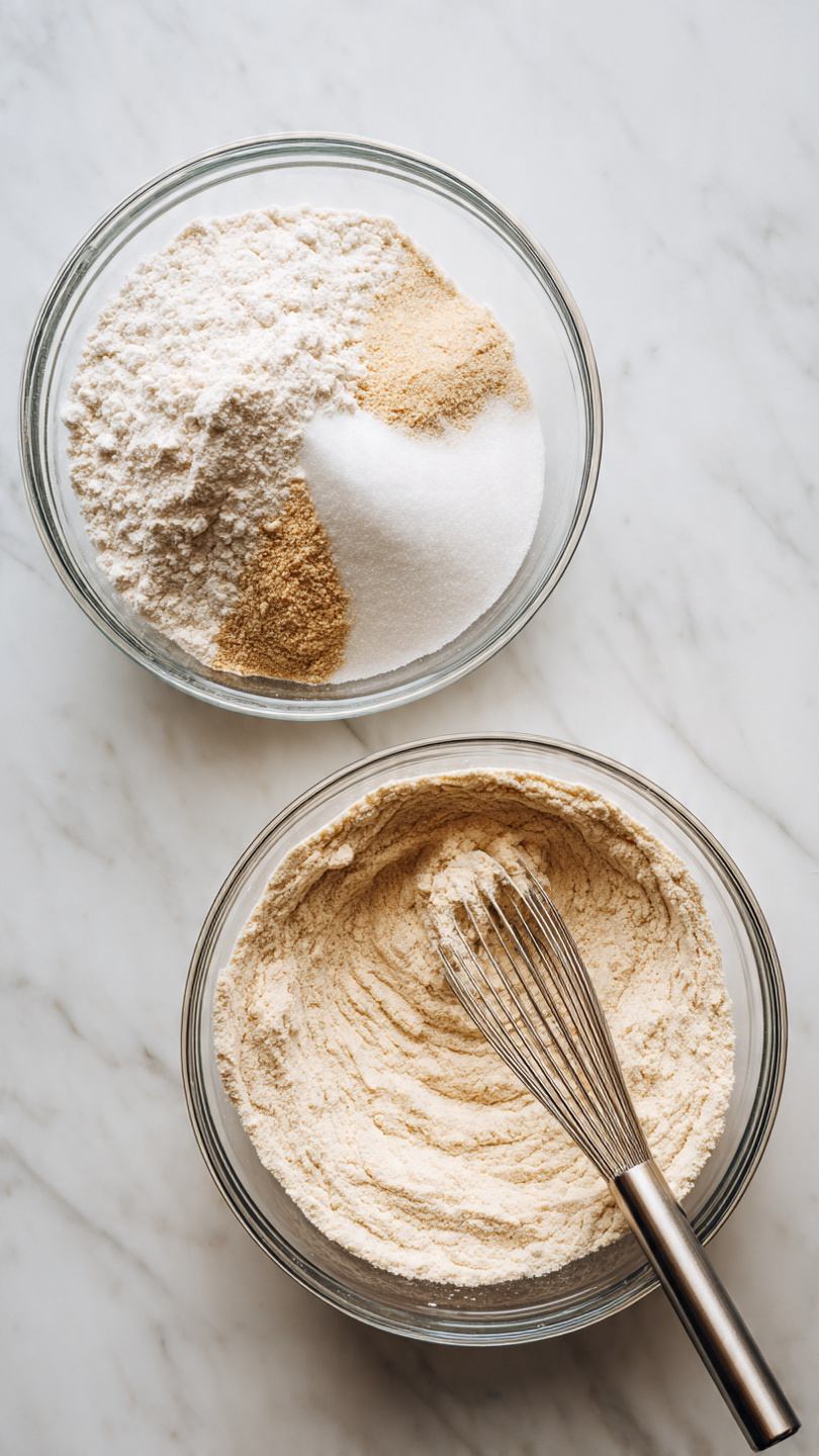 The image shows two clear glass bowls on a white marbled surface. The left bowl contains three main layers: a large base of light beige flour, a smaller pile of white sugar on the right side, and a small heap of light brown yeast on the left bottom. The right bowl shows the same flour mixture now whisked together with a metal whisk, creating a smooth, evenly mixed light beige layer with a few visible flour textures. Photo taken with an iphone --ar 4:5 --v 7
