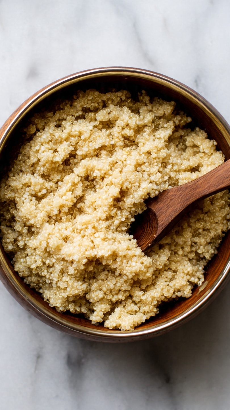The image shows a close-up view of a pot filled with creamy cooked quinoa that has a light brown color and a soft, slightly grainy texture. A wooden spoon rests inside the pot, partially covered with the quinoa mixture, adding a natural wood tone on the right side. The pot is sitting on a white marbled surface that contrasts softly with the warm color of the quinoa. The texture of the quinoa appears smooth but with small individual grains visible throughout, giving the dish a hearty and comforting look. Photo taken with an iphone --ar 4:5 --v 7
