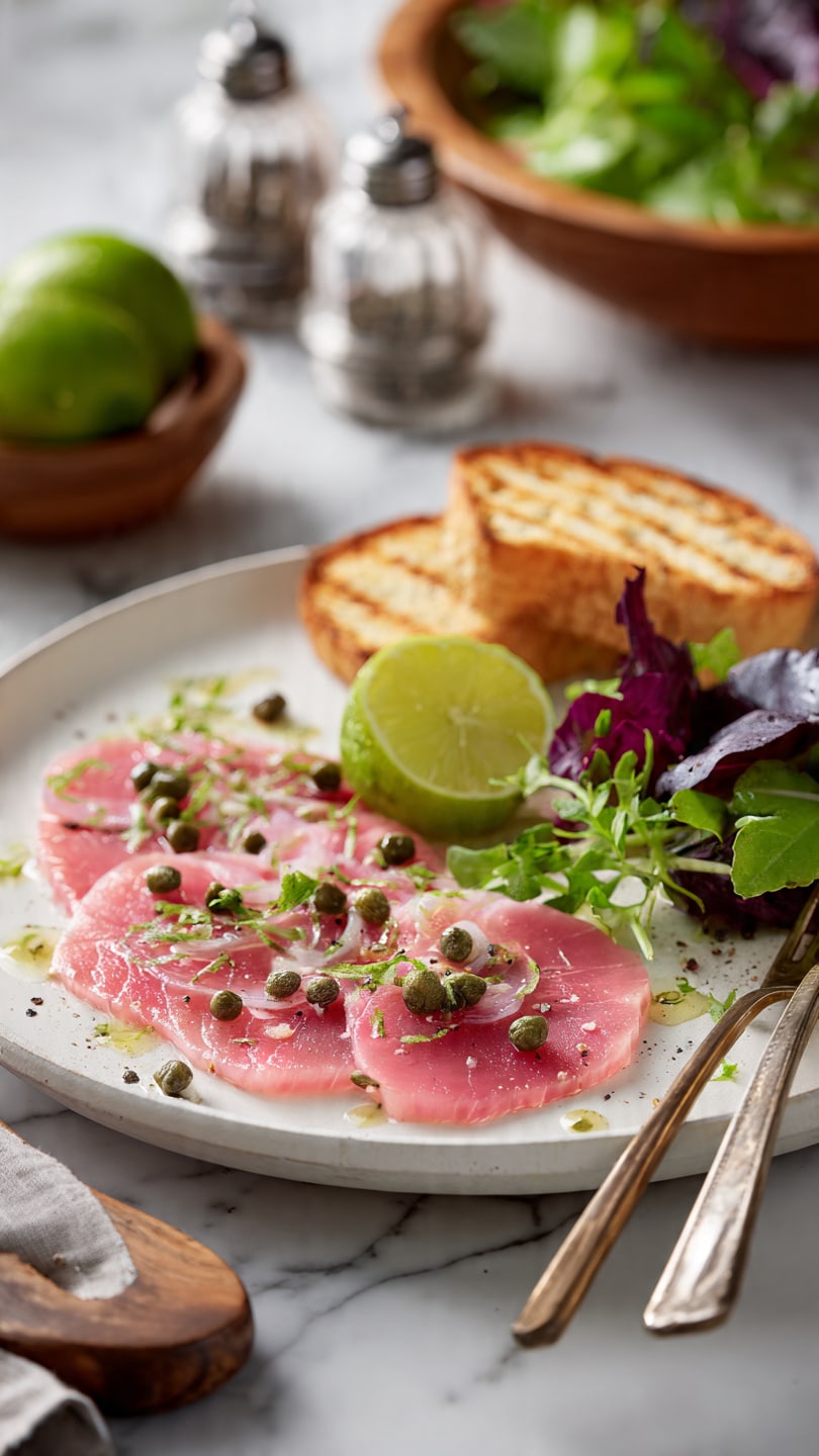 A white plate shows a dish with three main parts: thin pink slices of cured fish spread across the front, topped with small green capers and finely chopped purple onions, a wedge of bright green lime standing upright near the center, and a small side of mixed leafy green salad with purple leaves on the right. Behind the lime wedge, there are two golden brown pieces of grilled bread stacked leaning on each other. The plate sits on a white marbled surface with a fork resting on the right edge of the plate. In the background, blurred elements include a wooden bowl filled with salad greens, a halved lime, and salt and pepper shakers. Photo taken with an iphone --ar 4:5 --v 7