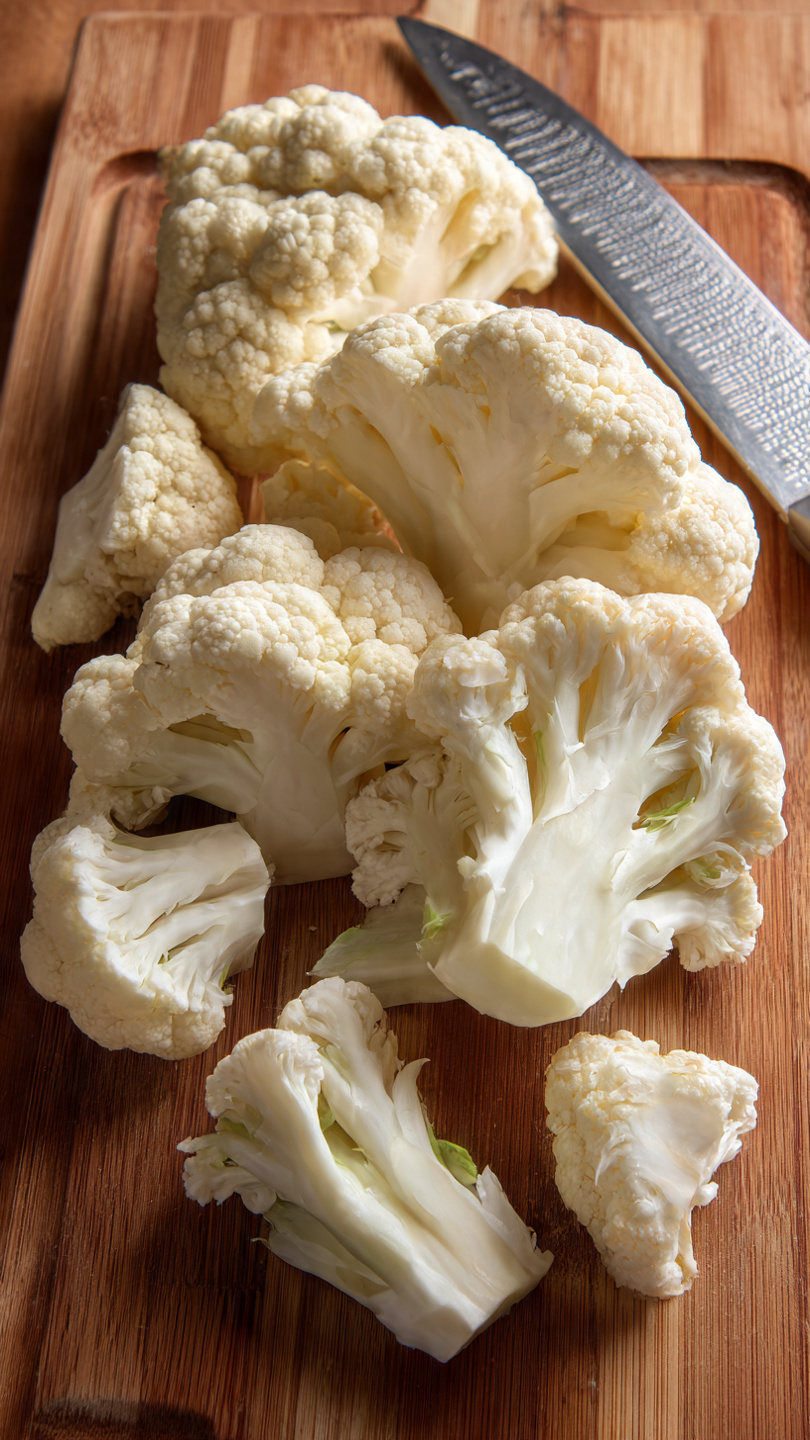 The image shows multiple pieces of raw cauliflower florets laid out on a wooden cutting board. The cauliflower pieces are light cream to off-white in color, with a rough, bumpy texture on the florets and smooth, firm white stems. A large silver knife with a textured handle lies on the top right area of the cutting board. The overall scene is simple, focusing on the natural shapes and delicate details of the cauliflower pieces against the warm wood. Photo taken with an iphone --ar 4:5 --v 7