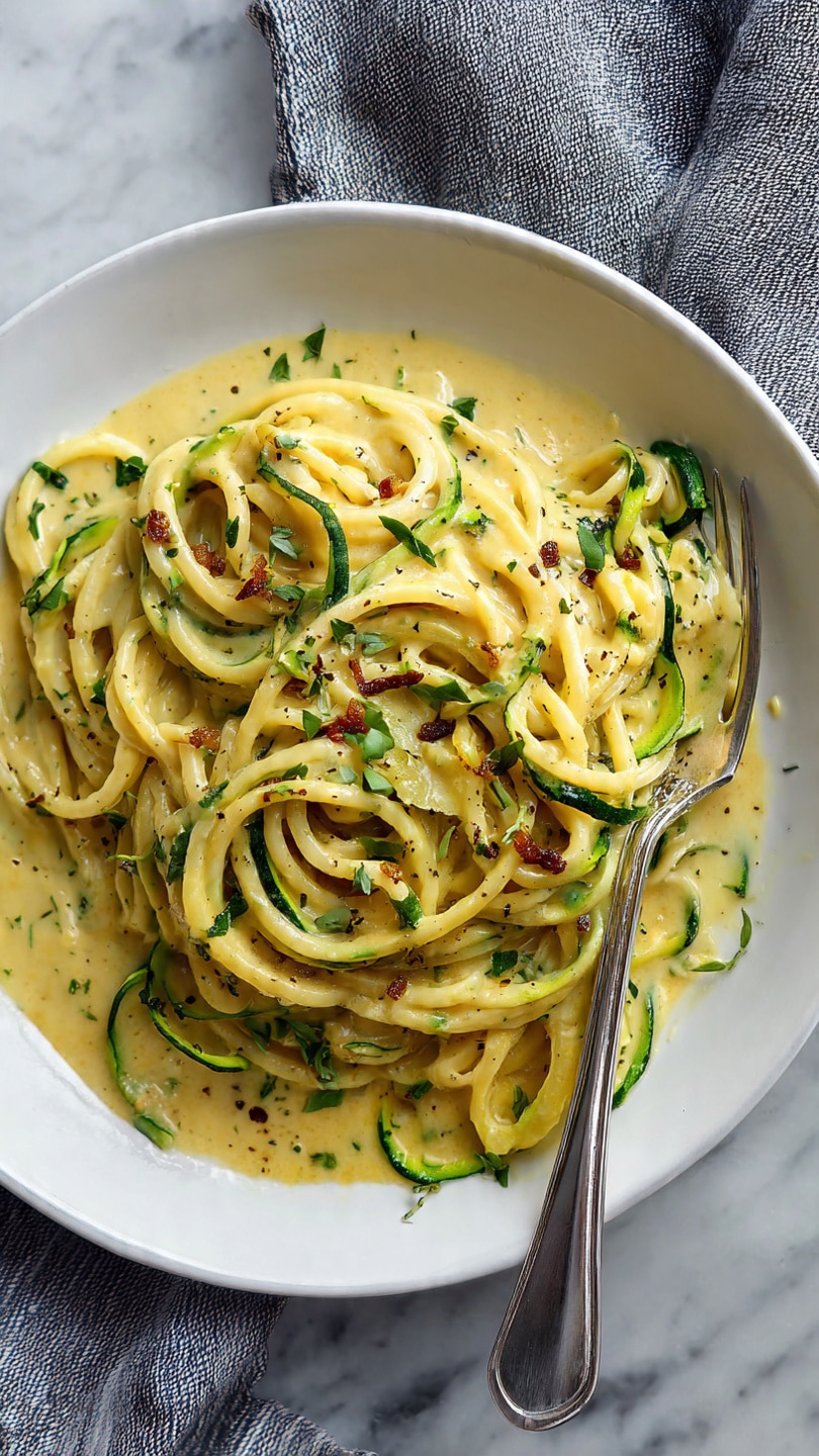 A white plate holds a mix of creamy yellow pasta and green zucchini noodles, both twisted together in soft spirals. The pasta strands have a smooth, shiny texture, coated in a thick, light yellow sauce that pools slightly at the bottom. Small pieces of browned bits and green herbs are scattered on top and between the noodles, adding specks of dark brown and fresh green. A silver fork rests on the plate with some noodles wrapped around its tines. The plate sits on a white marbled textured surface with a folded grey-striped cloth nearby. Photo taken with an iphone --ar 4:5 --v 7