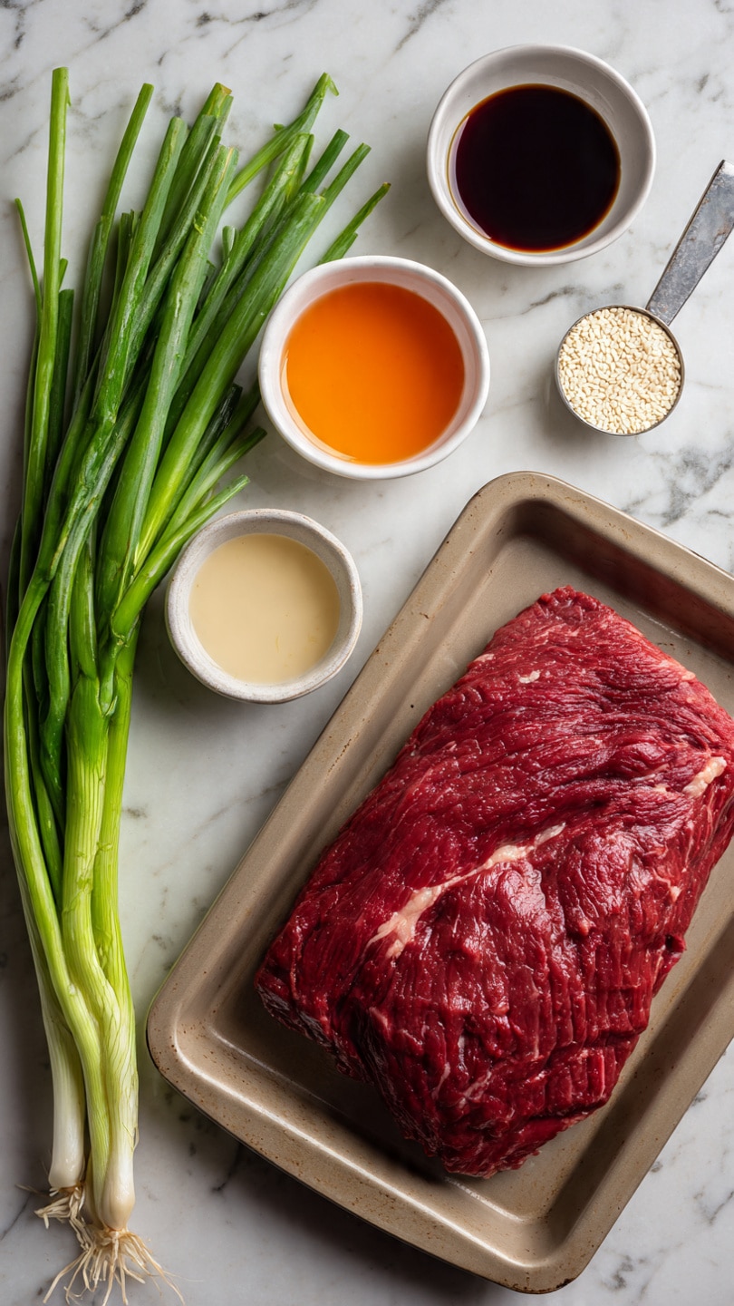 A raw, large, deep red piece of meat with a few small white fat patches is placed on a light brown baking tray on the right side of the image. On the left side, there is a bunch of fresh green onions with long green stalks and white bulbs. Above the green onions, there are four small white bowls; one with dark soy sauce, one with a bright orange liquid, one with a dark reddish-brown liquid, and the last with a creamy white liquid. Next to these bowls, on the upper right corner, is a metal measuring spoon filled with white sesame seeds. All items are set on a white marbled surface. photo taken with an iphone --ar 4:5 --v 7