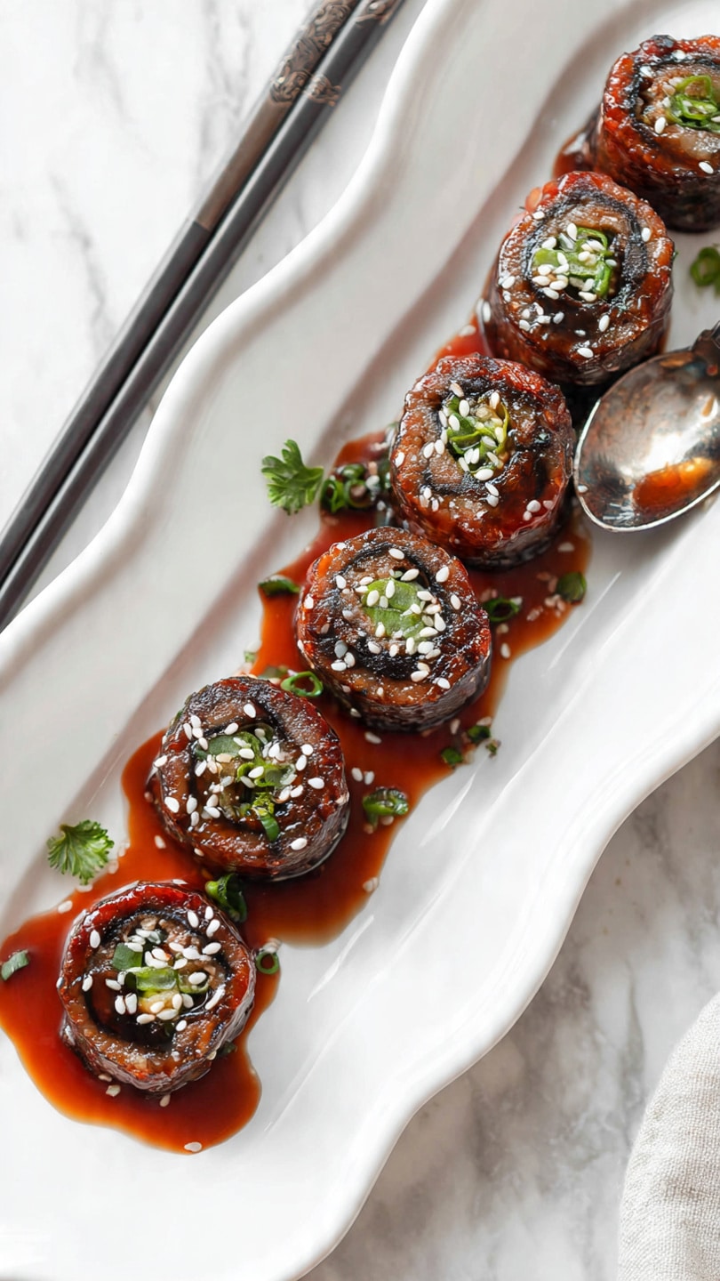 Small dark brown rolls with a shiny sauce on them are spread out in a single layer on a white wavy-edged plate. Each roll has a middle layer of green onion, surrounded by cooked dark meat and reddish outer layers, and they are topped with small white sesame seeds. A silver spoon with sauce and sesame seeds sits at the bottom part of the plate, while a pair of black chopsticks rest on the upper left edge. The whole scene is set on a white marbled surface. photo taken with an iphone --ar 4:5 --v 7