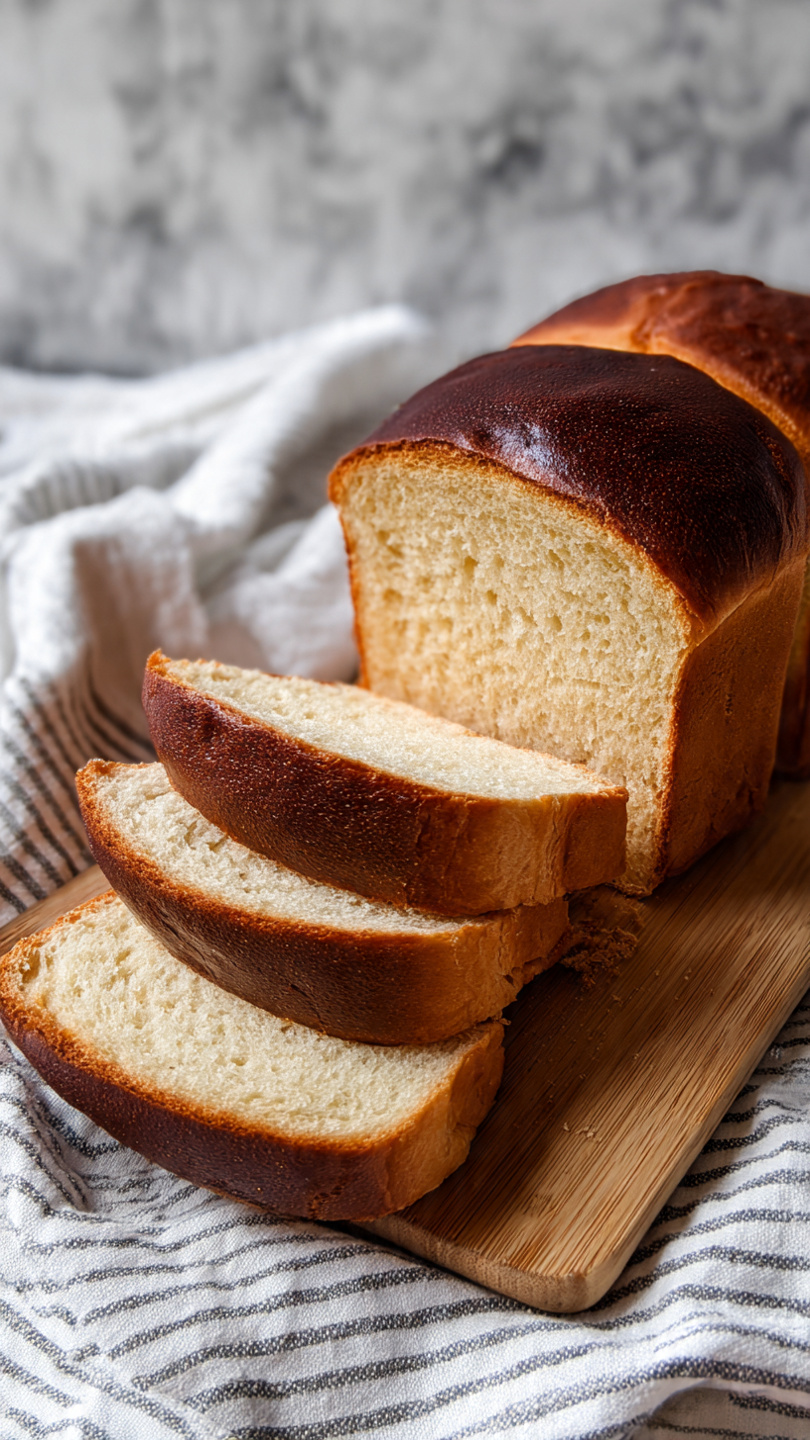 A loaf of bread with a dark brown, textured crust sits on a wooden cutting board placed on a white cloth with gray stripes. The bread is sliced into four pieces showing a soft, light beige inside with a slightly airy texture. The slices are slightly curved at the edges and stacked close to each other in front of the unsliced loaf on the board. The background is a white marbled texture. photo taken with an iphone --ar 4:5 --v 7
