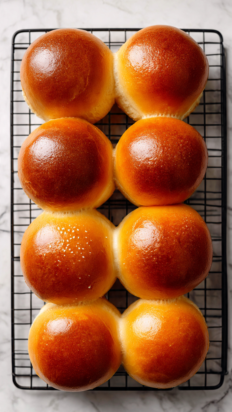 Nine round bread rolls with shiny golden brown tops and soft textured sides are arranged neatly on a black cooling rack over a white marbled surface. The rolls have a smooth, even finish and look freshly baked with a moist, glossy crust. Each roll is similar in size and spaced apart evenly in three rows, with the warm light bringing out the rich golden colors. photo taken with an iphone --ar 4:5 --v 7