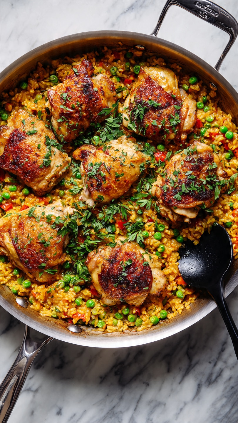A large silver pan holds a yellow-orange rice base mixed with green peas and small bits of other vegetables, topped with six pieces of cooked chicken that have golden-brown skin and are sprinkled with fresh green herbs, arranged closely together over the rice; a black spoon rests on the right side of the pan with its handle pointing toward the bottom right corner, all placed on a white marbled surface photo taken with an iphone --ar 4:5 --v 7