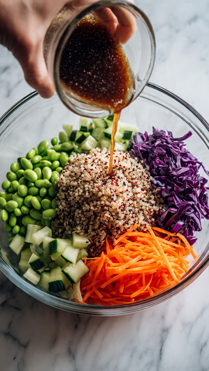 A clear glass bowl sits on a white marbled surface, filled with five colorful layers of fresh ingredients arranged side by side. Starting from the left, there are bright green edamame beans, next to a mound of fluffy tri-color quinoa with its white, red, and black grains. To the right of the quinoa, pale green cucumber pieces with dark green skin are chopped into small chunks. Below the cucumber, orange carrot shreds are piled, and beside them, deep purple cabbage strips add contrast. A woman's hand is pouring a dark brown dressing with visible sesame seeds over the bowl, creating a sense of freshness and movement. Photo taken with an iphone --ar 4:5 --v 7