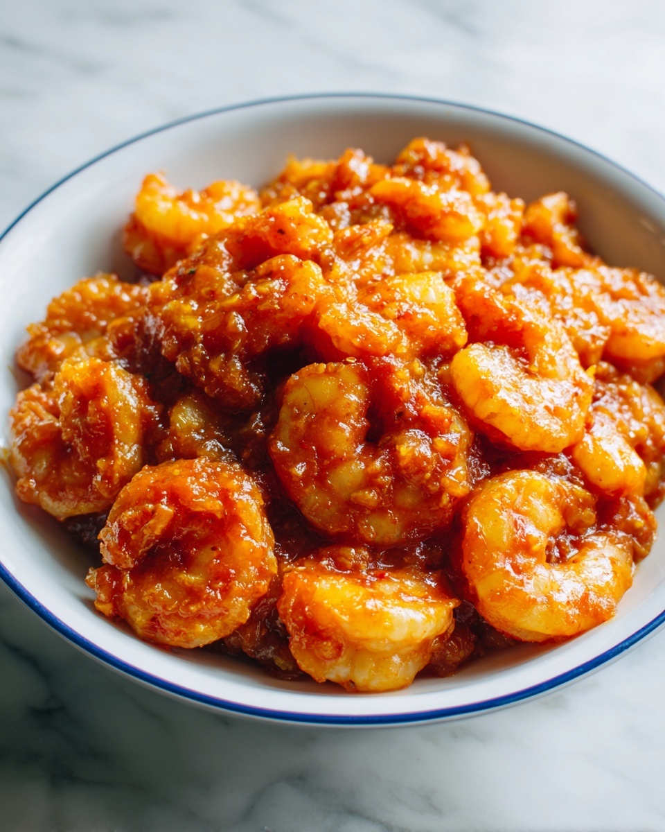 The image shows a white bowl with a blue rim filled with small, round shrimp covered in a thick, grainy orange sauce. The shrimp are piled closely together inside the bowl, with the sauce coating each piece evenly. The bowl sits on a white marbled surface, and the texture of the shrimp and sauce looks rich and hearty, with some bumps and chunks visible in the sauce. The lighting highlights the glossy finish of the sauce and the soft texture of the shrimp. photo taken with an iphone --ar 4:5 --v 7