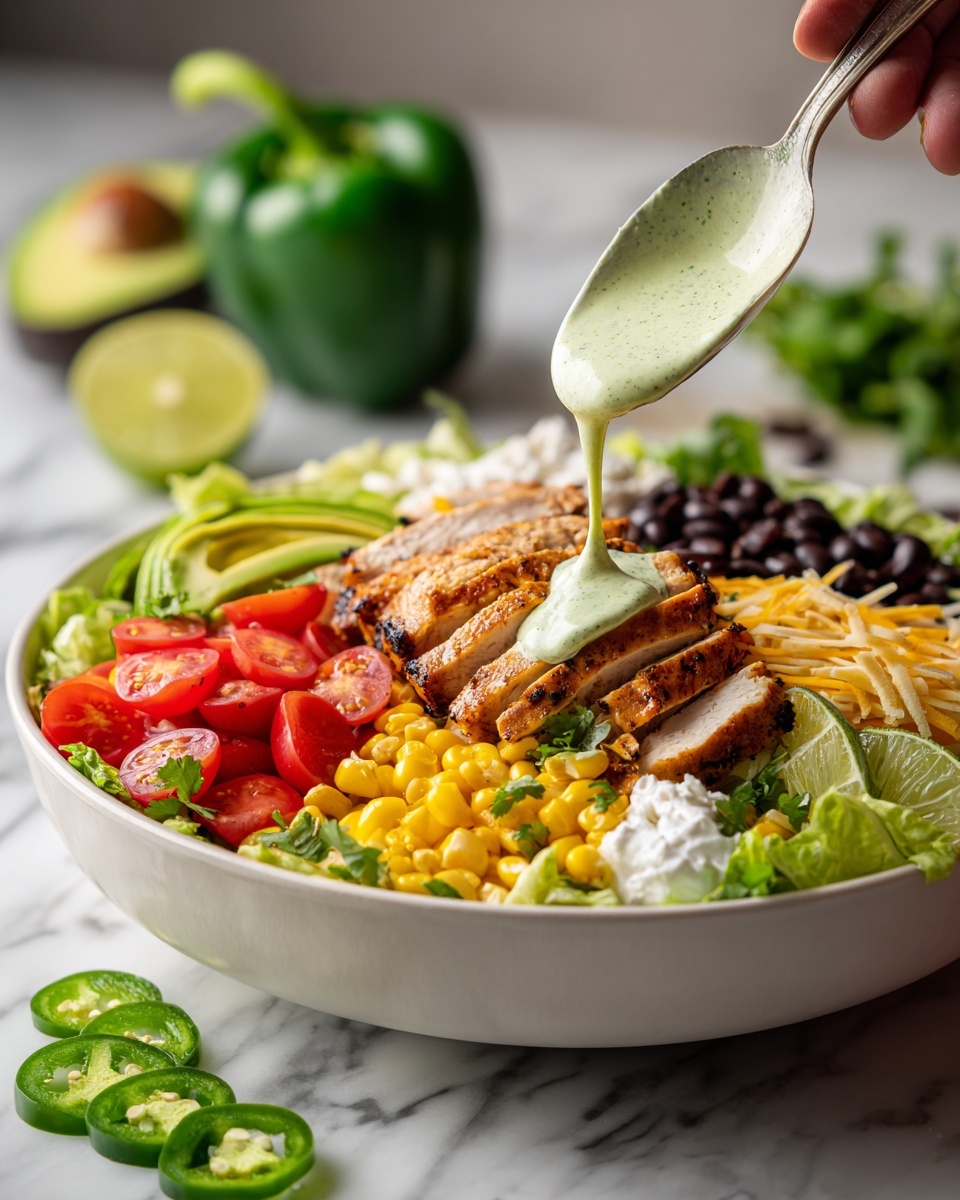A large white bowl sits on a white marbled surface, filled with a colorful layered salad. The base layer is green lettuce, topped with bright yellow corn kernels, black beans, sliced black olives, shredded cheese, and halved cherry tomatoes spread evenly around the bowl. On top, there are diced pieces of grilled chicken with a golden-brown texture placed in the center. A dollop of white sour cream rests next to the chicken. Fresh green cilantro leaves, thin slices of green bell pepper, avocado slices, and lime wedges decorate the edges. A woman's hand holds a spoon, pouring a creamy light green dressing over the grilled chicken, with some sliced jalapeños and a whole green bell pepper blurred in the background. Photo taken with an iphone --ar 4:5 --v 7