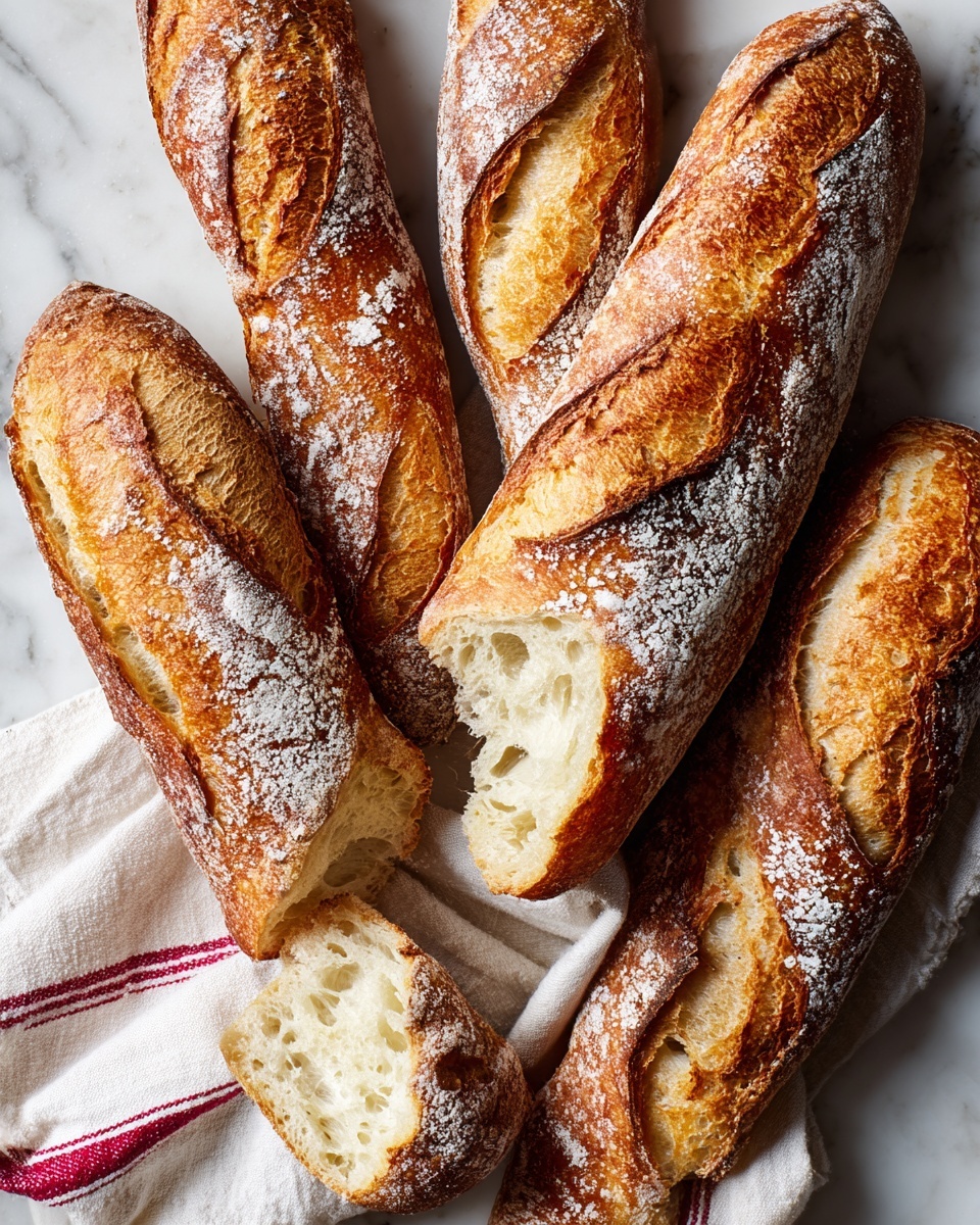 Several long, golden brown baguettes with a crispy, flaky crust dusted lightly with white flour are arranged on a white marbled surface. The baguettes have visible slashes on top, showing a slightly darker baked texture beneath the crust. Pieces of the bread are torn open, revealing a soft, airy, and pale cream-colored inside. A white cloth with a red stripe is partly under the bread, adding a cozy touch. The photo taken with an iphone --ar 4:5 --v 7