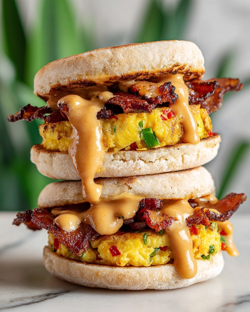 A tall stack of three breakfast sandwiches is shown, each with a top and bottom lightly toasted English muffin that is pale beige with a slightly rough texture. The first layer inside each sandwich is a thick, fluffy yellow egg patty with small green and red vegetable pieces visible. Over the egg layer is a generous drizzle of light orange creamy sauce that slightly drips down the sides. On top of the sauce, each sandwich holds crispy dark brown strips of bacon. The sandwiches are stacked on top of each other with the layers clearly visible, set against a white marbled textured background with some blurry green plant shapes in the back. photo taken with an iphone --ar 4:5 --v 7