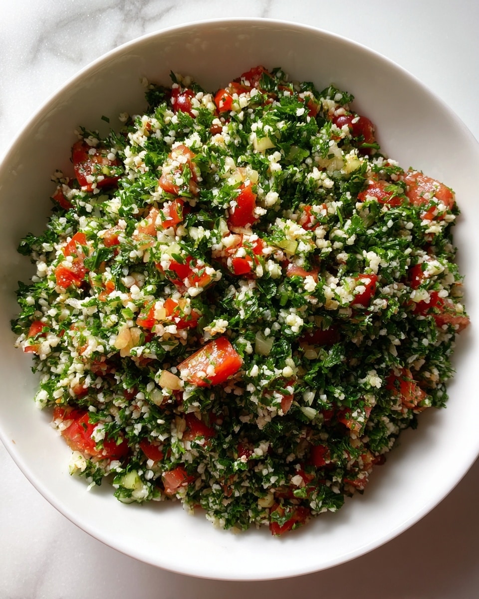 A large white bowl filled with finely chopped green parsley evenly mixed with small pieces of red tomato, tiny bits of white bulgur, and small pieces of green onion. The texture appears fresh and grainy with a loose spread, all sitting on a white marbled surface. photo taken with an iphone --ar 4:5 --v 7