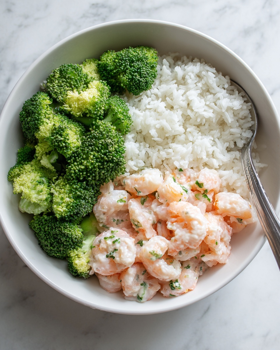 A white bowl holds three main layers of food arranged side by side. On the left, there are bright green, fresh broccoli florets with a textured surface. In the middle, a pile of fluffy white rice fills almost half of the bowl with soft, separated grains. On the right, cooked shrimp with a pale pink and white color, mixed with small green pieces of herbs, lay in a slightly creamy sauce. A spoon is partially visible on the right edge of the bowl, resting in the shrimp layer. The bowl sits on a white marbled surface. Photo taken with an iphone --ar 4:5 --v 7