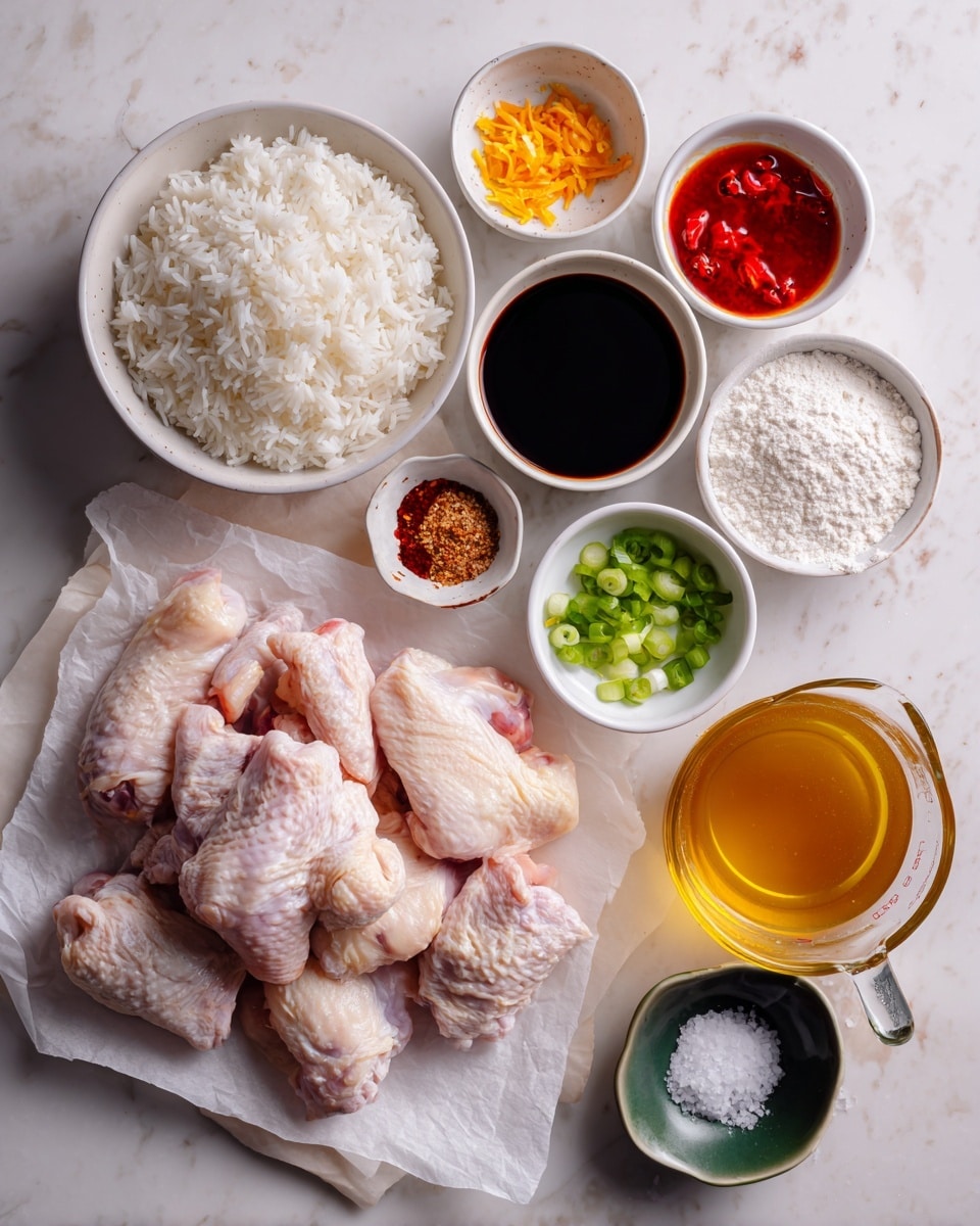 The image shows raw chicken pieces placed on white parchment paper in the center on a white marbled surface, surrounded by small white bowls containing different ingredients. To the left, there is a white bowl full of cooked white rice, a small black bowl with white grains, a small brown bowl with brown sugar, and a tiny white bowl with red chili sauce. Above the chicken are bowls with orange zest, chopped garlic, and a dark soy sauce in a white bowl with a green exterior. To the right are a white bowl with white flour, a small white bowl with chopped green onions, and a glass measuring cup filled with golden broth. A small black dish with salt is also visible near the chicken. The overall setup is neat and organized, with all bowls evenly spaced on the white marbled surface. photo taken with an iphone --ar 4:5 --v 7