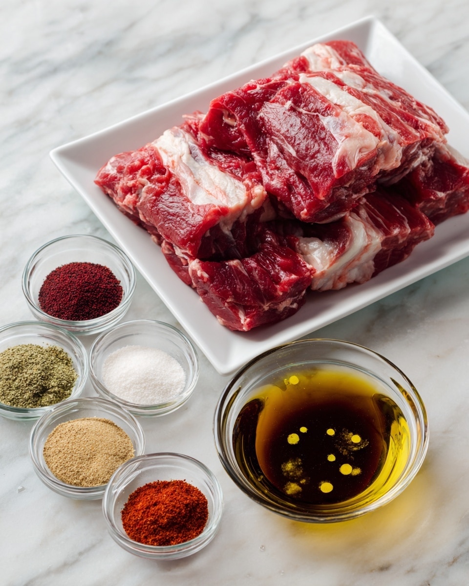 The image shows a white rectangular plate on a white marbled surface holding a large piece of raw red meat with some white fat layers. Below the plate, there is a clear glass bowl filled with a dark brown liquid mixture with small yellow oil drops. To the left of the plate, there is a small clear bowl with six different dry spices arranged in separate groups, showing colors of green, light brown, red, beige, and white. Photo taken with an iphone --ar 4:5 --v 7