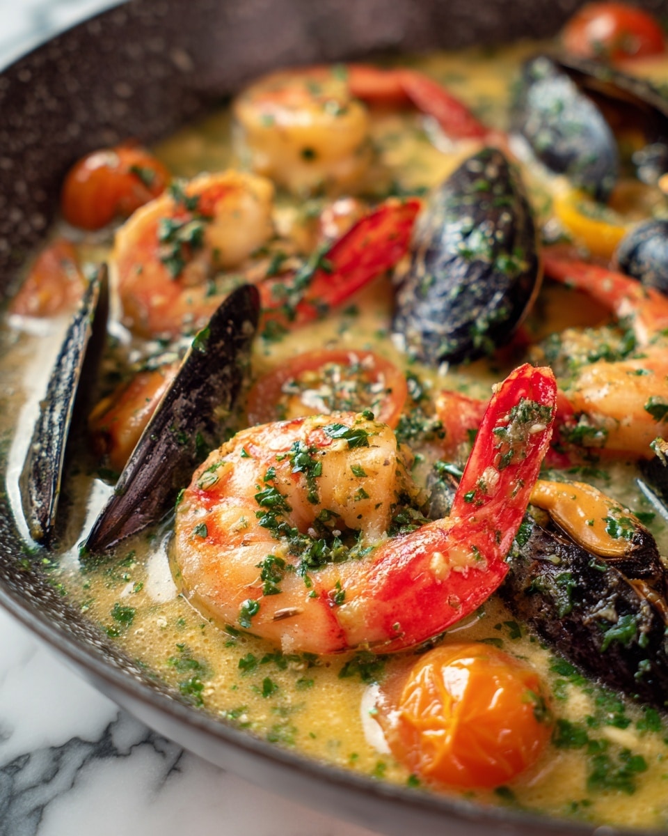 The image shows a close-up of a seafood dish with shrimp and mussels in a light sauce. The shrimp are curved and pink with red tails, sprinkled with chopped green herbs and small pieces of garlic. Cherry tomatoes, some whole and some softened, add bright orange and red colors among the seafood. The black mussel shells contrast with the light sauce and the colors of the shrimp and tomatoes. The sauce has a slightly creamy and oily look with small bits of herbs and garlic floating in it. The dish is in a dark pan against a white marbled surface. photo taken with an iphone --ar 4:5 --v 7