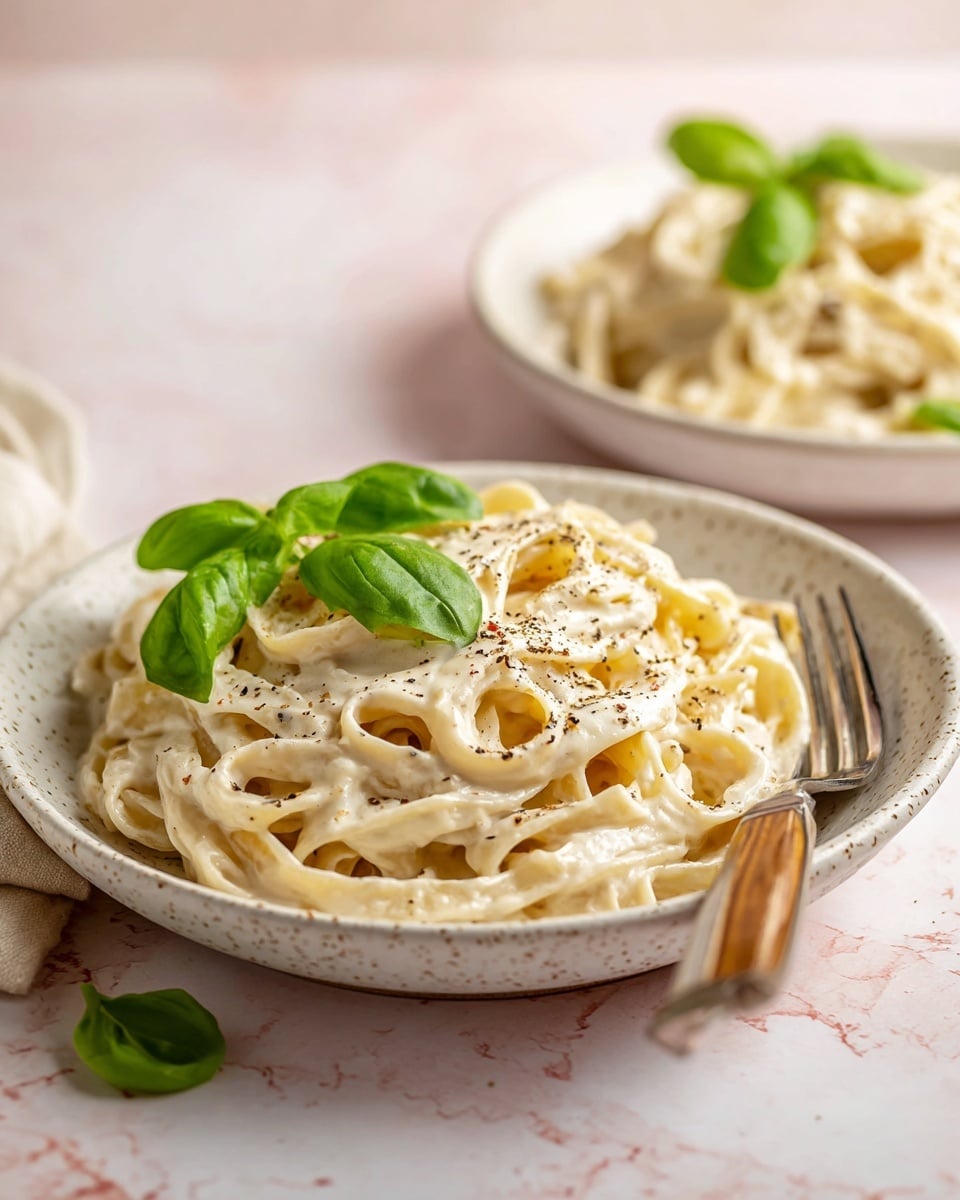 The image shows a white speckled bowl filled with creamy fettuccine pasta that looks smooth and coated in a pale beige sauce, with a light dusting of pepper on top. There is a small pile of bright green fresh basil leaves placed on the left side of the pasta, adding a fresh color contrast. Around the bowl, a silver fork with a wooden handle rests on the right side, slightly touching the pasta. The bowl is set on a soft pink surface with a white marbled texture that gives a clean and elegant background. Another bowl with the same pasta and basil is blurred in the background. photo taken with an iphone --ar 4:5 --v 7