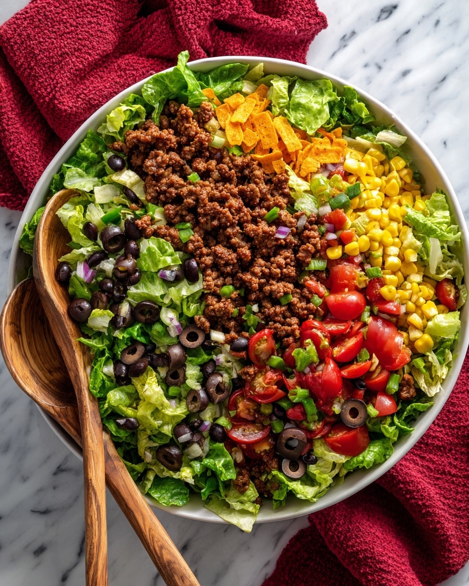 A large white bowl sits on a white marbled surface filled with a colorful layered salad. The base layer contains crunchy green lettuce leaves, topped with a mix of small orange chip pieces, black beans, and yellow corn kernels scattered evenly. There are also small red tomato chunks and green bell pepper pieces throughout, along with browned ground meat spread over the salad. A few black olive slices add contrast on top. Two wooden salad spoons rest inside the bowl on opposite sides, and a red textured cloth is visible in the background. Photo taken with an iphone --ar 4:5 --v 7