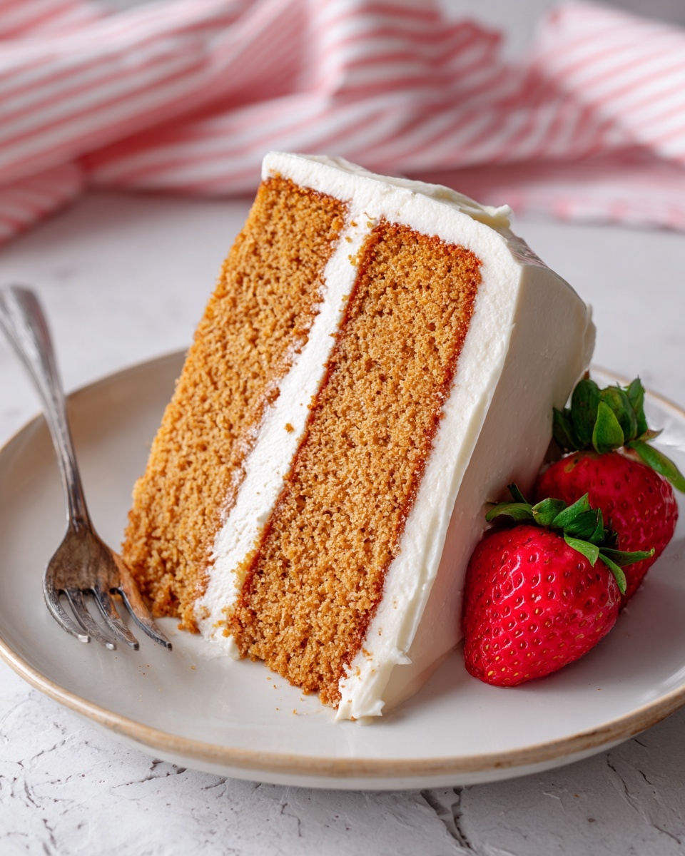 A slice of cake with two thick light brown sponge layers separated by a white creamy filling sits on a round white plate. The cake is covered in a thin layer of white frosting on the sides, with two fresh red strawberries partially visible behind the cake on the right side. A silver fork rests on the top left edge of the plate. The plate is placed on a white marbled surface with a pink striped pattern. Photo taken with an iphone --ar 4:5 --v 7
