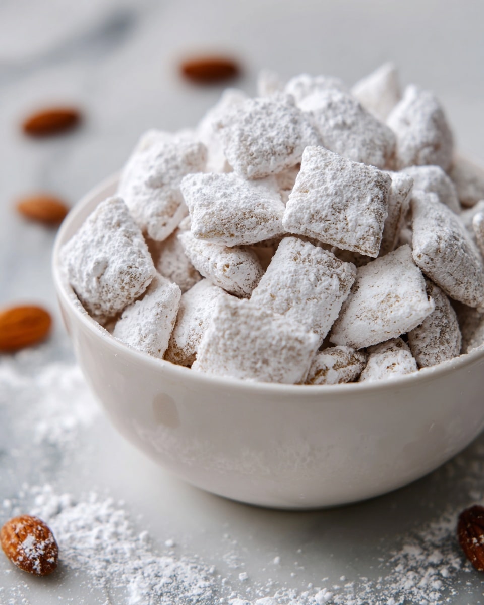 A round white bowl is filled with many small square cereal pillows, each coated thickly in white powdered sugar, giving them a soft, powdery texture. The cereal pieces are piled high, nearly overflowing the bowl, and the powdered sugar creates a slightly uneven surface on many of the squares. The background is a white marbled texture with a few small brown nuts scattered near the bowl. Photo taken with an iphone --ar 4:5 --v 7