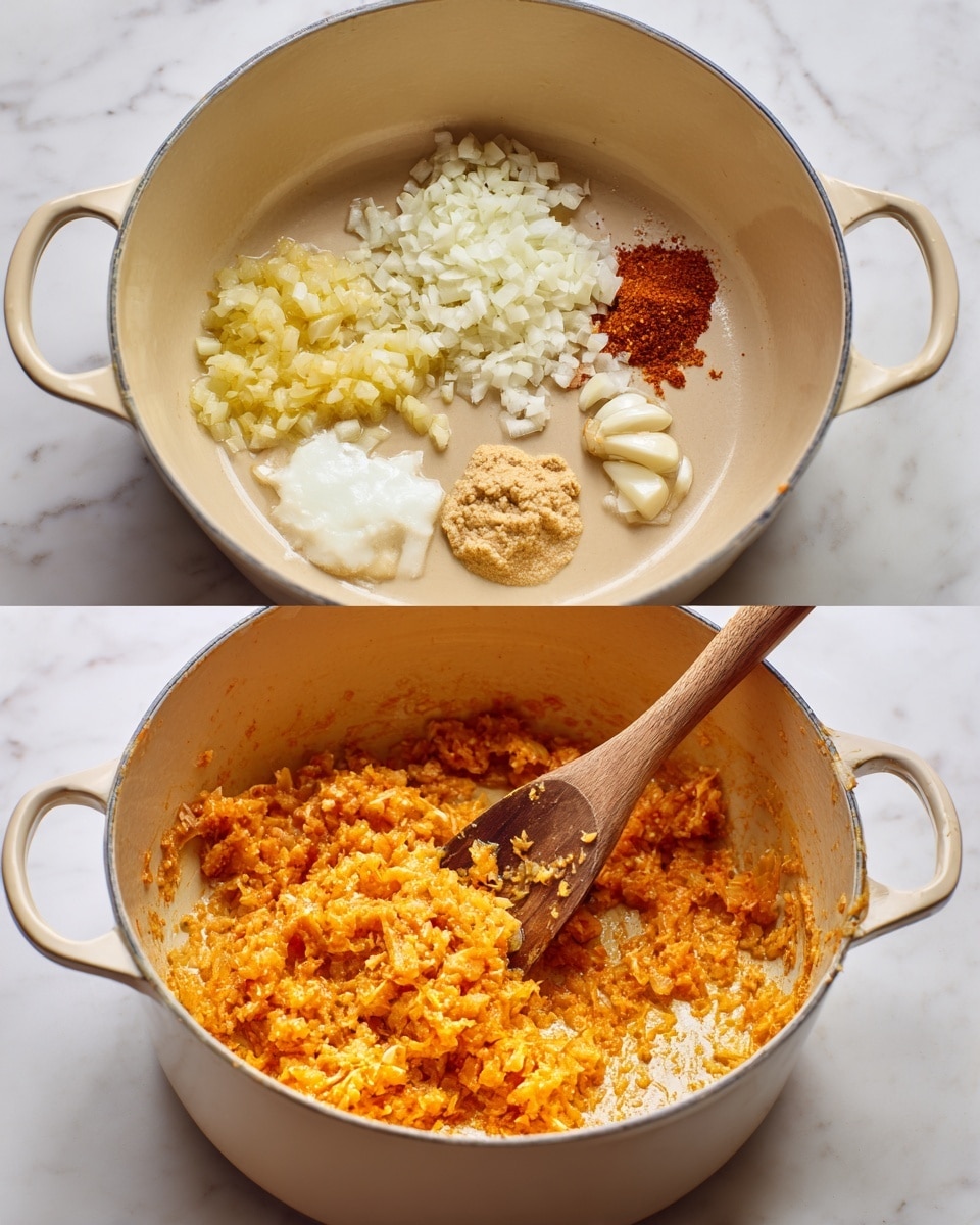 The image shows a light cream-colored cooking pot on a white marbled surface. In the first frame, inside the pot there are raw ingredients placed separately in small piles: finely chopped white onions, yellow minced garlic, a small dollop of white coconut oil, a reddish-brown paste, and a light beige paste. In the second frame, the ingredients have been mixed and sautéed, turning into a warm orange color with a textured, slightly chunky consistency. A wooden spoon is stirring the mixture inside the pot. Photo taken with an iphone --ar 4:5 --v 7