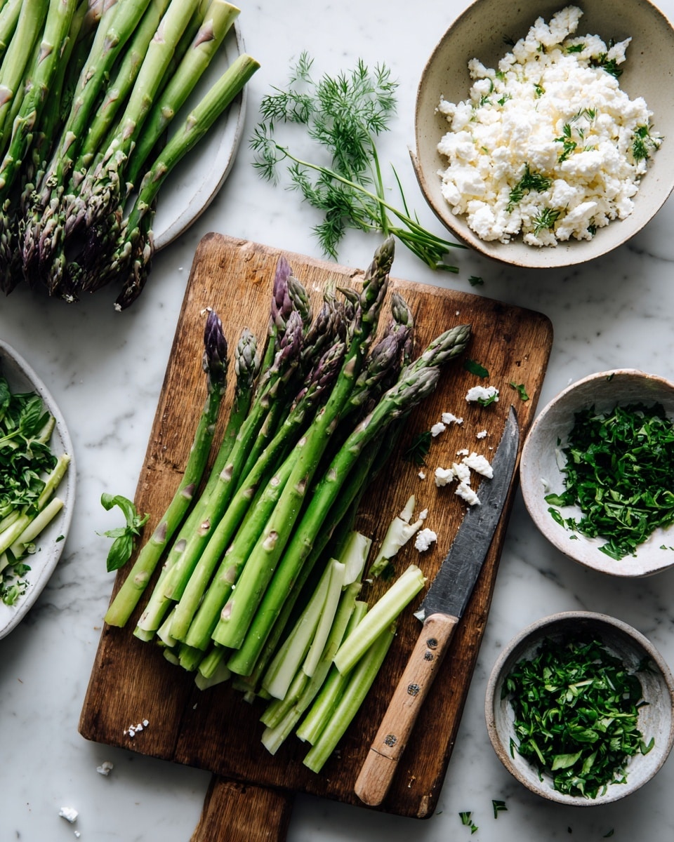 The image shows a wooden cutting board on a white marbled surface, with fresh asparagus spears scattered across it. Some asparagus are whole and green with purple tips, while others are cut into thick pieces, laid mostly horizontally. A large knife with a wooden handle is placed diagonally on the right side of the board, resting on the asparagus. In the top left corner, more whole asparagus lie on a white plate. At the top right, there are two white bowls, one containing white crumbly cheese and the other filled with chopped fresh green herbs. Photo taken with an iphone --ar 4:5 --v 7