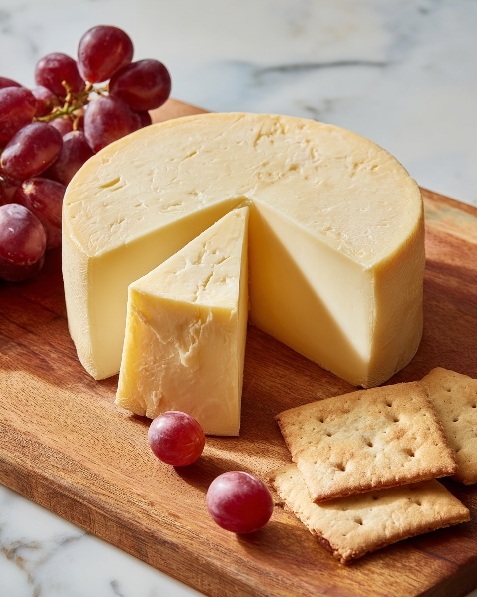 A smooth, pale yellow round cheese sits on a wooden board with a clean triangular slice taken out of it, showing its creamy, firm texture inside. To the left of the cheese, there are a few ripe red grapes with a matte finish. On the lower right side, light beige crackers with small holes and a slightly rough texture are neatly placed. The wooden board’s warm, light brown grain adds a natural look. The background shows a soft, white marbled texture. photo taken with an iphone --ar 4:5 --v 7