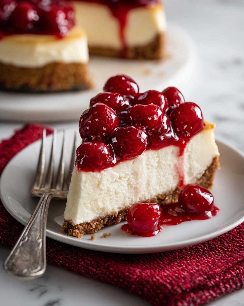 A slice of cherry cheesecake is shown on a white plate sitting on a white marbled surface over a red textured cloth. The cheesecake has three layers: a crumbly light brown crust at the bottom, a thick creamy white middle layer, and a topping of bright shiny red cherries with a glossy glaze. A silver fork rests on the bottom left edge of the plate, and part of another similar slice is seen on a white plate in the background. Photo taken with an iphone --ar 4:5 --v 7