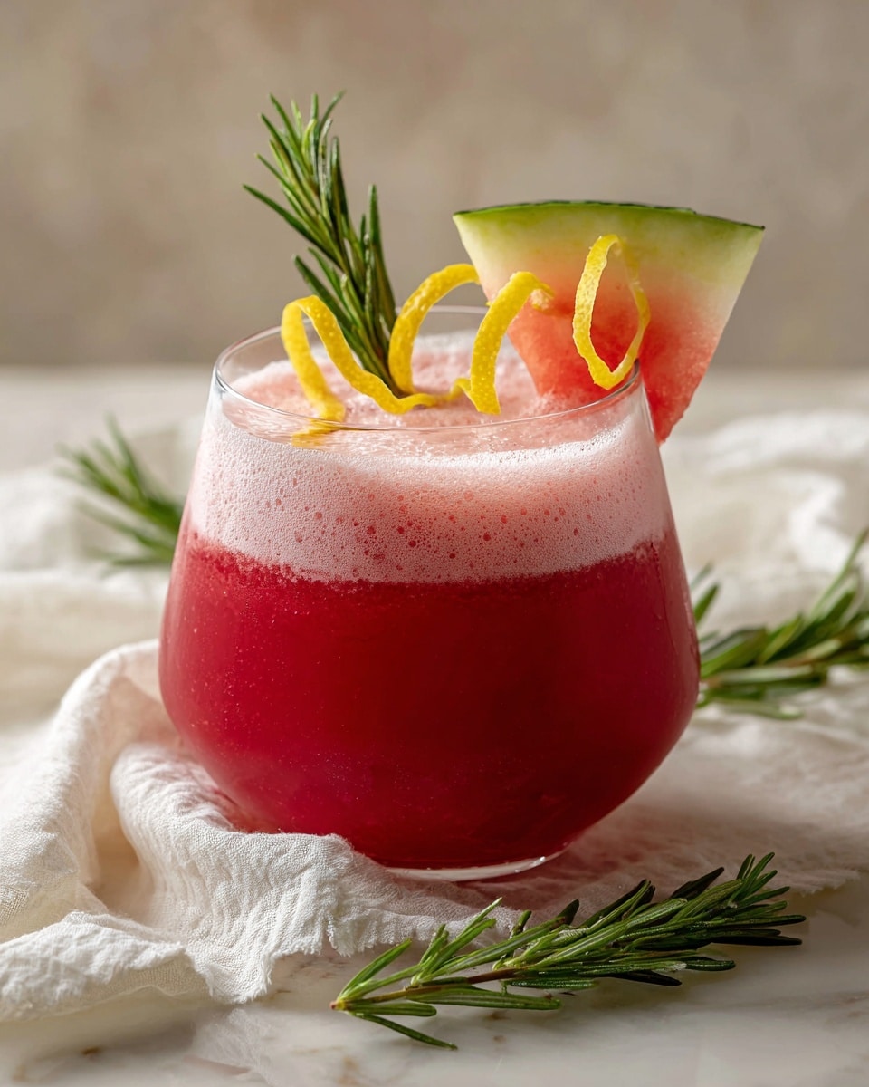 A clear rounded glass holds a two-layer drink with the bottom layer a deep pinkish-red and the top layer a lighter pink with a frothy texture. The glass is garnished with a small triangular slice of watermelon with green rind, a curled thin strip of bright yellow lemon peel, and a small sprig of fresh green rosemary standing upright inside the drink. The drink is placed on a crumpled white cloth on a white marbled surface, with blurred rosemary sprigs around for decoration. Photo taken with an iphone --ar 4:5 --v 7