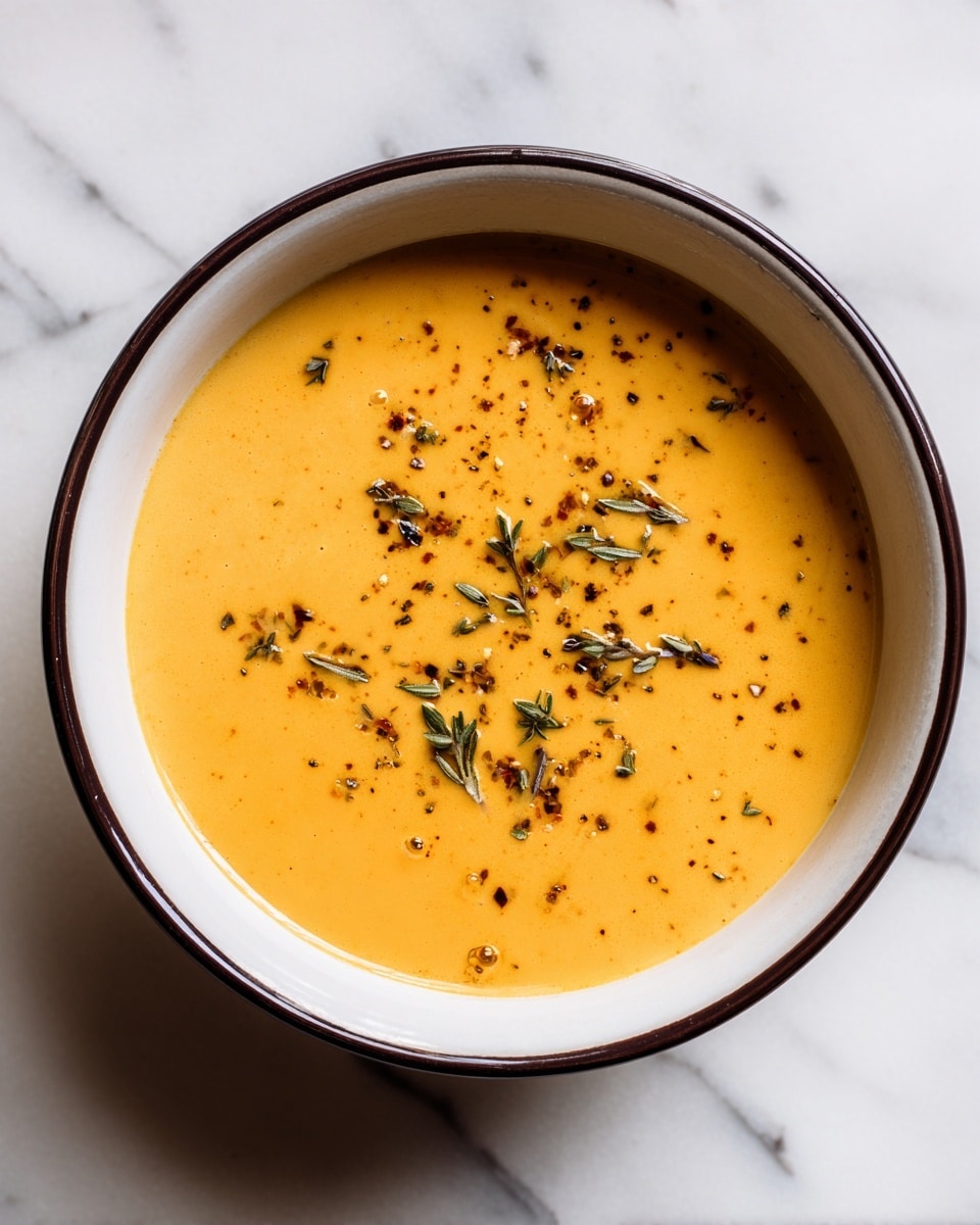 The image shows a single bowl of creamy orange soup with small bits of herbs and spices sprinkled on top. The soup has a smooth, thick texture with some tiny dark specks visible throughout. The bowl is white with a thin dark rim around the edge. The bowl sits on a white marbled surface, with some soft light reflections on the soup surface. photo taken with an iphone --ar 4:5 --v 7