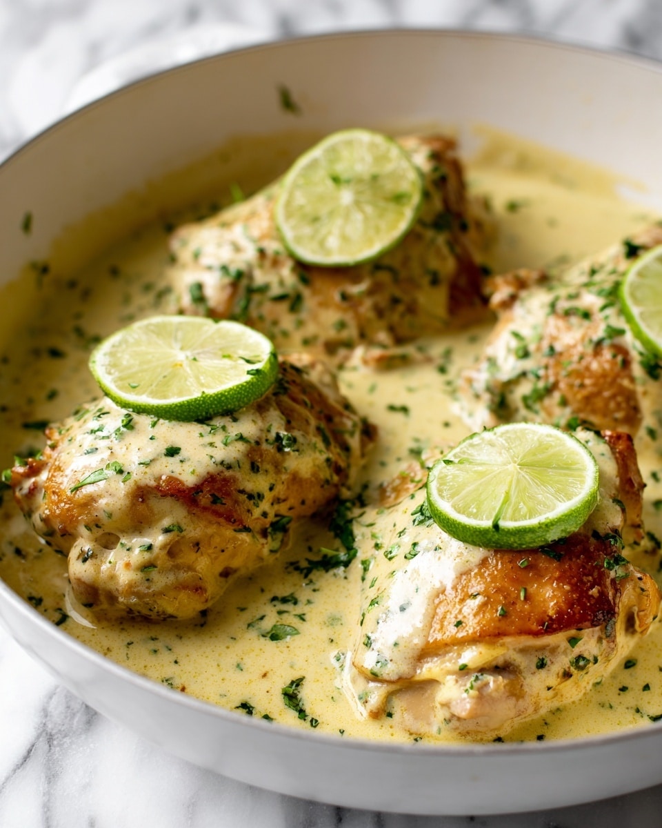 The image shows three pieces of cooked chicken covered in a creamy, pale yellow sauce with small green herb bits, all in a white pan. Each chicken piece is partially submerged in the sauce, which has a smooth and thick texture. There are bright green lime wedge slices placed on top of each chicken piece, adding a fresh and colorful touch. The pan sits on a white marbled surface, enhancing the clean and fresh look of the dish. Photo taken with an iphone --ar 4:5 --v 7