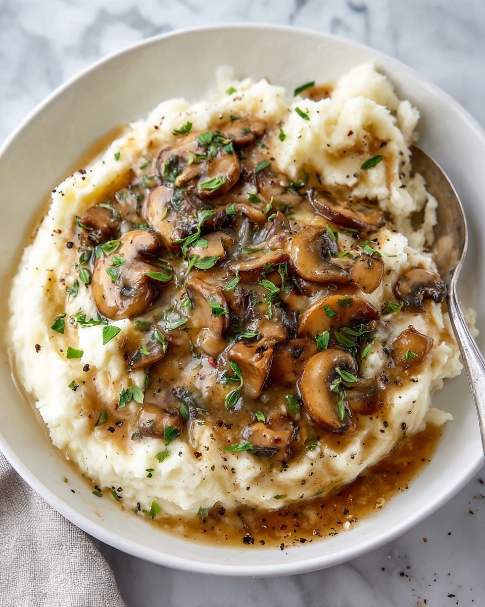 The image shows a white deep plate filled with a two-layer dish placed on a white marbled surface. The bottom layer is creamy mashed potatoes, soft and fluffy, with a pale off-white color and slightly uneven texture. The top layer is a thick brown mushroom sauce with visible mushroom slices and small green herb leaves scattered on top, adding a fresh touch. There is a metal fork partially dipped into the sauce on the right side of the plate, and a few specks of black pepper sprinkled over the dish. Photo taken with an iphone --ar 4:5 --v 7