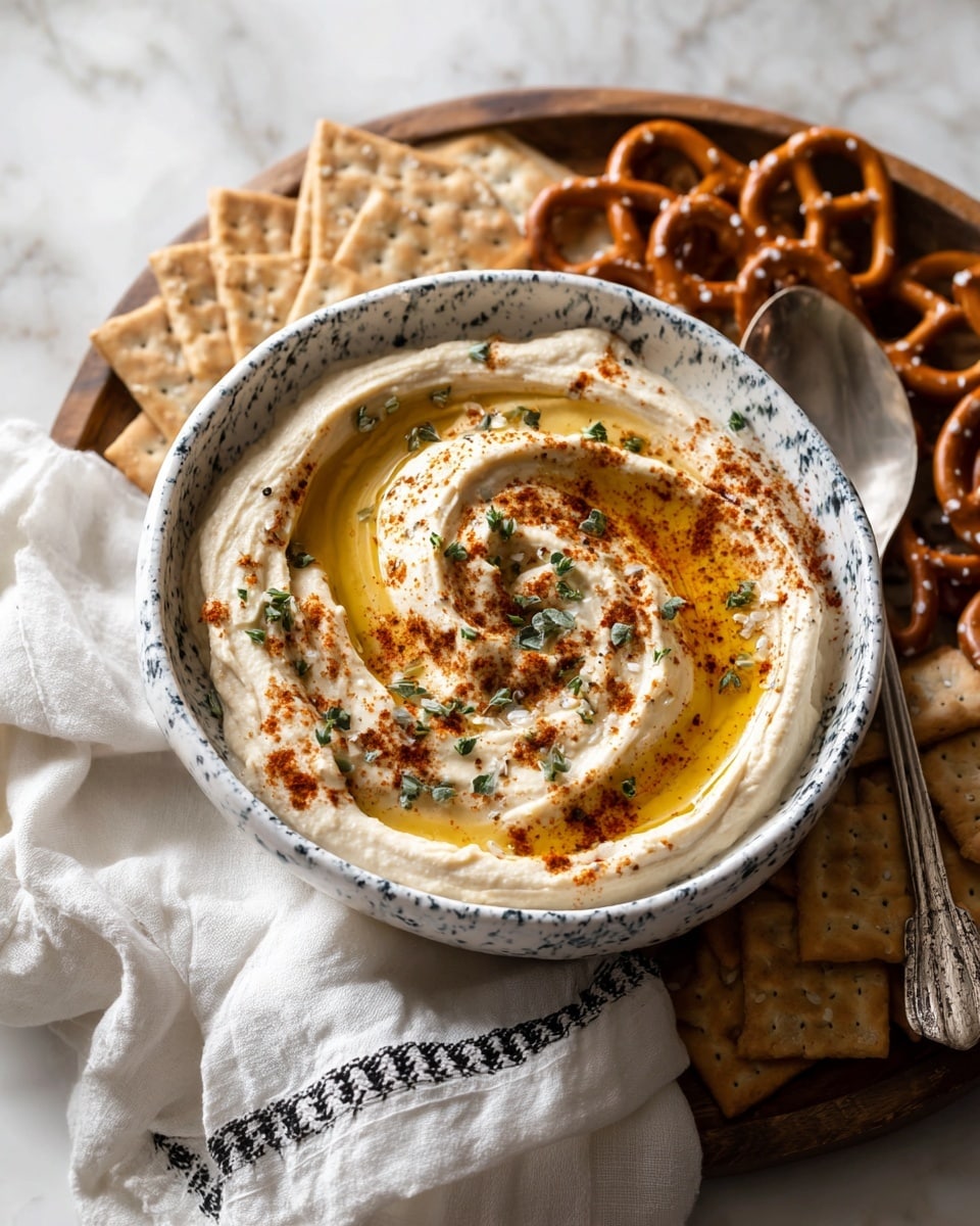 A white bowl with blue speckles holds a creamy, light beige hummus that is swirled on top to form a shallow well in the center. The hummus is drizzled with golden olive oil, sprinkled with reddish-brown paprika, and topped with small green herb pieces placed along the oil line. The bowl sits on a soft white cloth napkin with a few black-lined stitches, which lies on a round, dark wooden tray. Surrounding the bowl are square, light brown crackers and some brown pretzels, arranged casually around the bowl. A shiny silver spoon rests on the cloth near the bowl, all set against a white marbled surface photo taken with an iphone --ar 4:5 --v 7