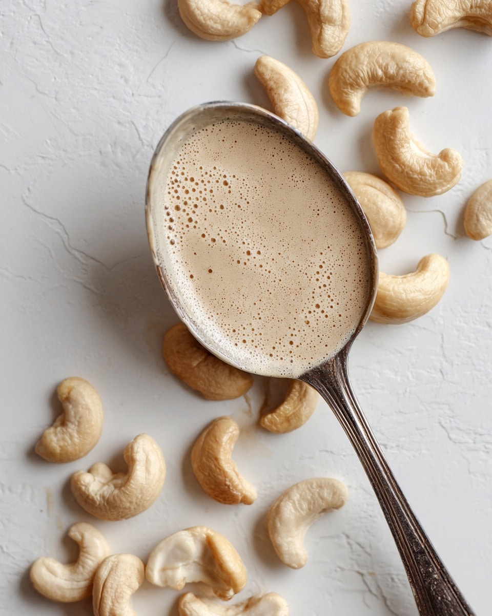 A spoon with a thick, light brown creamy paste is placed on a white marbled surface. Around the spoon, there are many whole and halved cashew nuts scattered, showing their smooth, curved shapes and pale beige color. The creamy mixture on the spoon looks slightly grainy with small bubbles, creating a textured look. Photo taken with an iphone --ar 4:5 --v 7