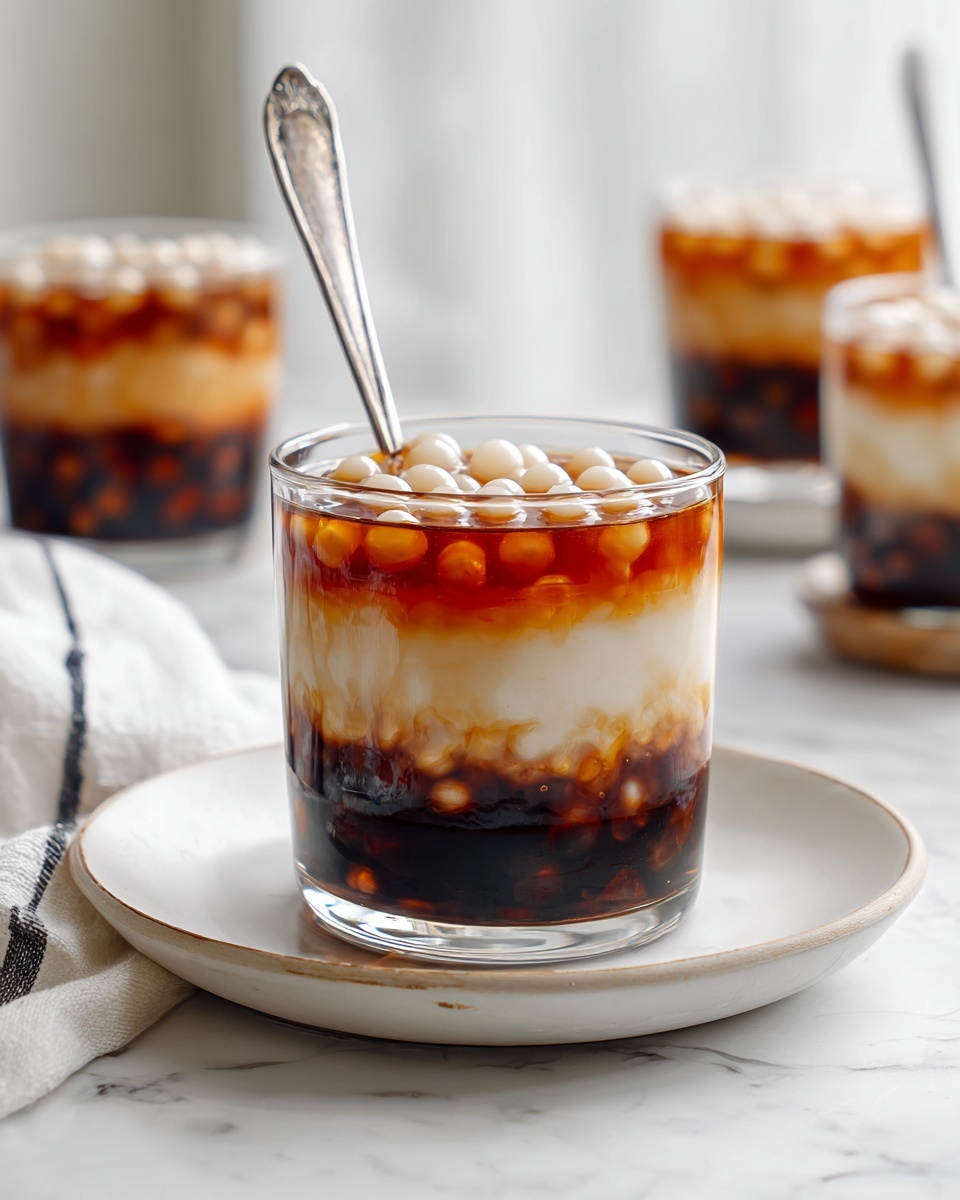 A clear glass filled with layered jelly in dark brown and light cream colors, topped with small white round tapioca pearls, with a silver spoon placed inside. The glass sits on a white plate with a simple rim design, all on a white marbled surface. In the background, there are more glasses with the same dark and light jelly mixture and tapioca pearls, with soft natural light coming from a window. A white cloth with a black edge is on the left side. The image has a bright, clean look with soft focus on the background. photo taken with an iphone --ar 4:5 --v 7