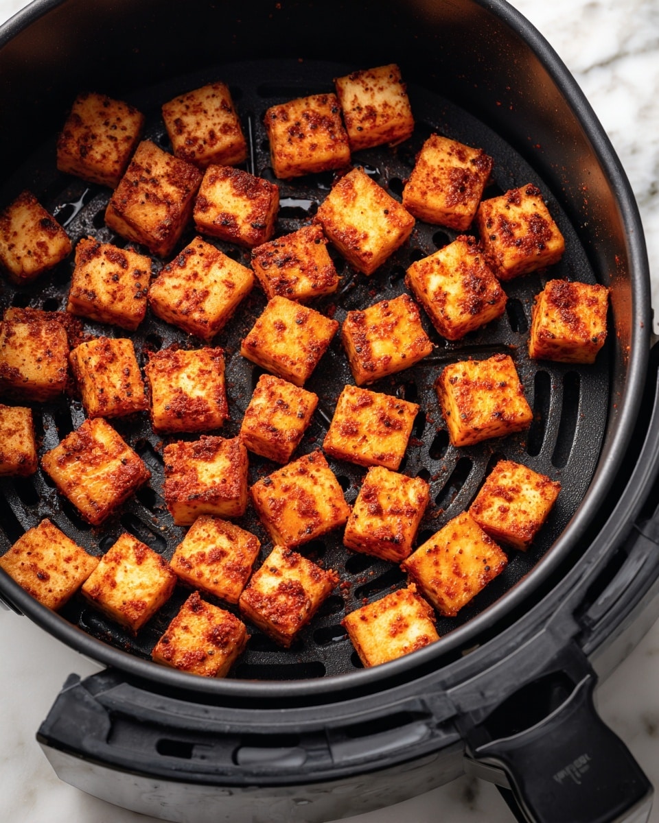 Inside a black air fryer basket, many small tofu cubes are spread out evenly, each coated with a layer of red seasoning that varies from light to dark shades, giving them a textured look. The black basket has ridges and circular patterns under the tofu, creating a contrast with the orange-red cubes. This basket is placed on a white marbled surface, with part of the air fryer handle visible in the bottom foreground. The tofu pieces are the main focus, with the seasoning visually standing out in the image. Photo taken with an iphone --ar 4:5 --v 7