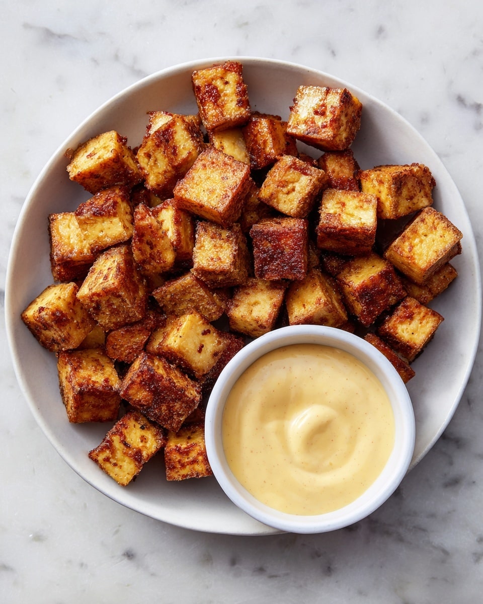 A white bowl on a white marbled surface holds about thirty small, crispy golden-brown cubes of fried tofu. The tofu pieces have uneven roasted edges and are scattered unevenly, mostly piled in the center and left side of the bowl. On the right side, a smaller white bowl is nested, filled with a creamy pale yellow dipping sauce with a smooth, slightly swirled texture. The light casts soft shadows, highlighting the crunchy texture on the tofu edges. photo taken with an iphone --ar 4:5 --v 7