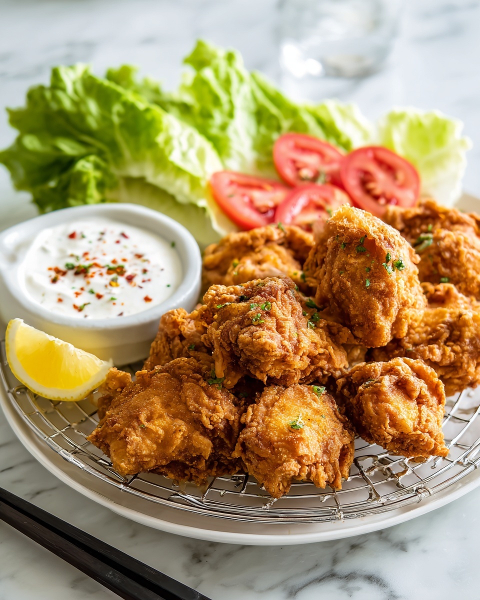 A white plate with a metal wire rack holds a pile of golden brown fried chicken pieces, showing a crispy and textured surface. To the upper right of the chicken, there are fresh green lettuce leaves and three tomato slices with a bright red color and smooth texture. A lemon wedge with a pale yellow color is placed to the left of the chicken. Above the lemon wedge, there is a small white dish filled with creamy white sauce topped with a sprinkle of red pepper flakes. The plate sits on a white marbled surface, with a pair of black chopsticks placed near the bottom left corner. Photo taken with an iphone --ar 4:5 --v 7