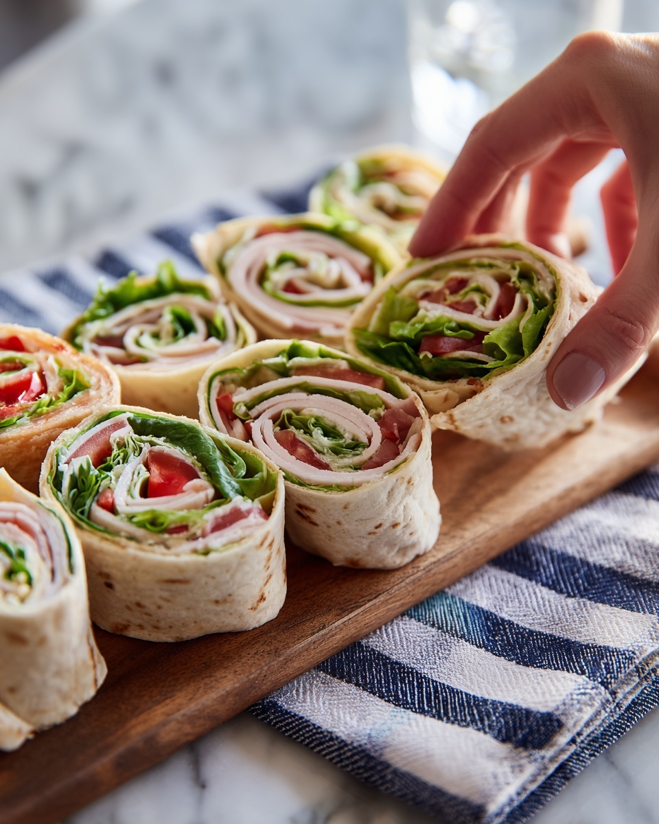Several small wrap sandwiches are arranged closely on a wooden board with a striped towel underneath showing shades of blue and white. Each wrap is made in one layer of light beige tortilla that spirals around fresh green lettuce, slices of red tomato, and pale off-white turkey slices, creating a colorful swirl of red, green, and beige. A woman's hand is gently picking up one wrap from the top left side. The background shows a white marbled surface. photo taken with an iphone --ar 4:5 --v 7
